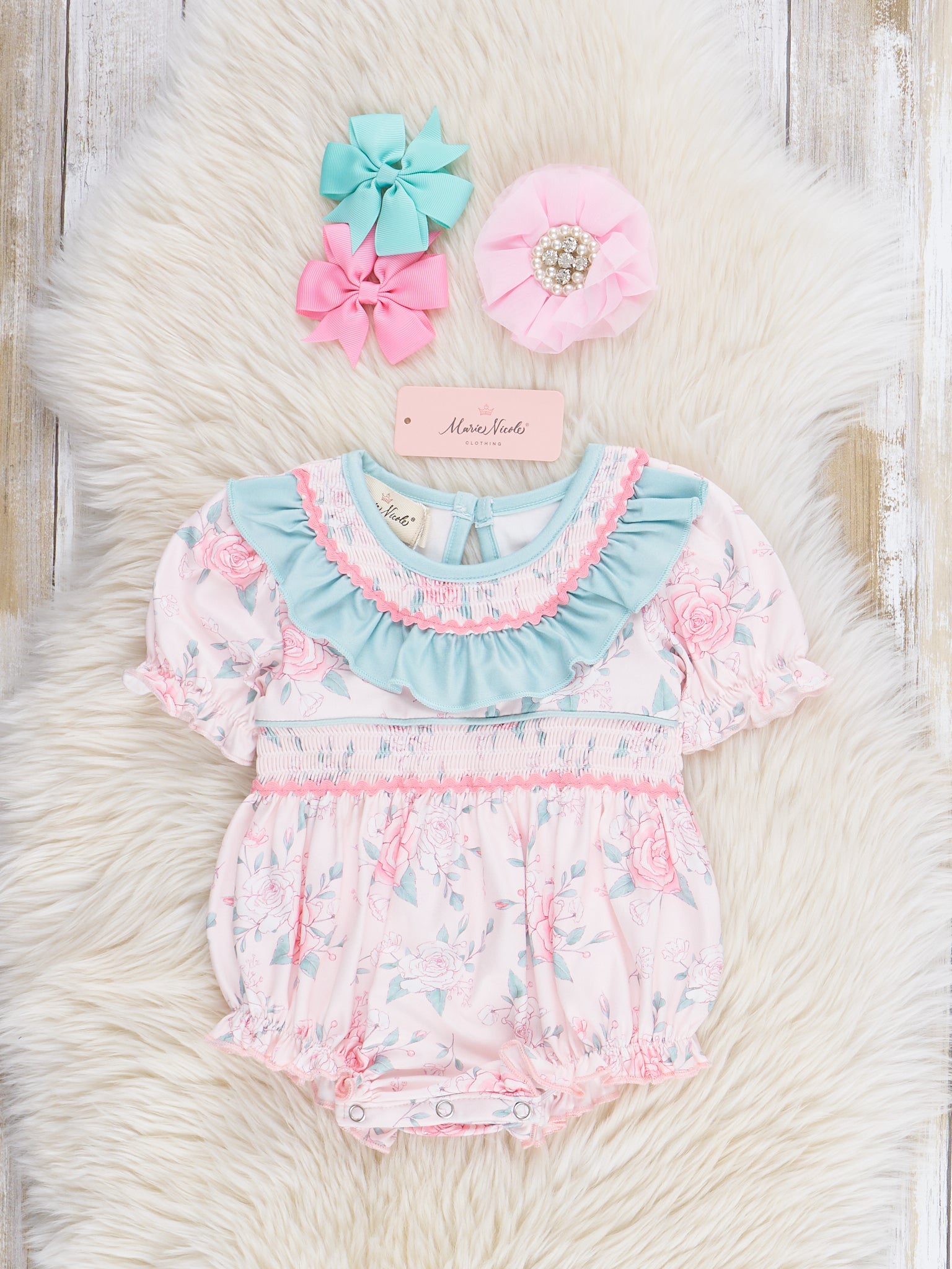 Teal & Rose Bouquets Smocked Ruffle Bubble Romper - Marie Nicole Clothing