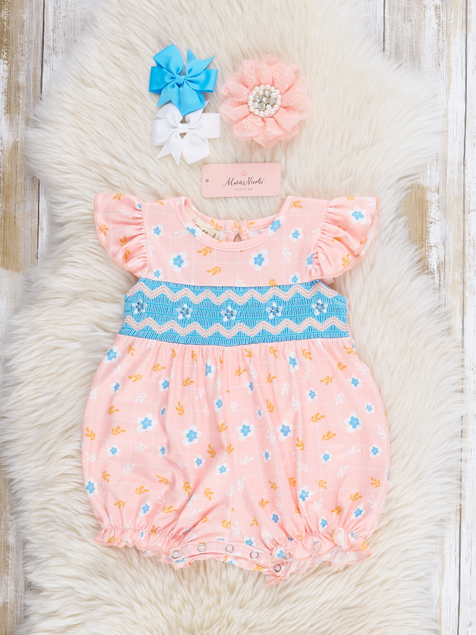 Peachy Blossoms Smocked Ruffle Romper - Marie Nicole Clothing