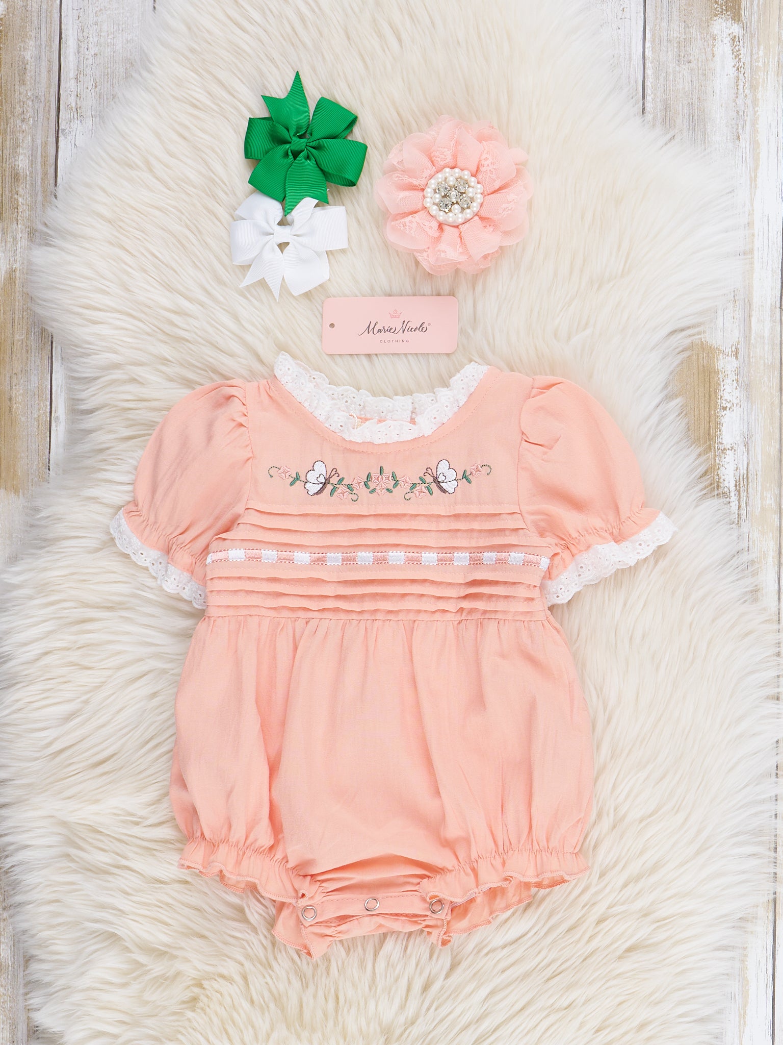 Peach Embroidered Garden Smocked Ruffle Bubble Romper - Marie Nicole Clothing
