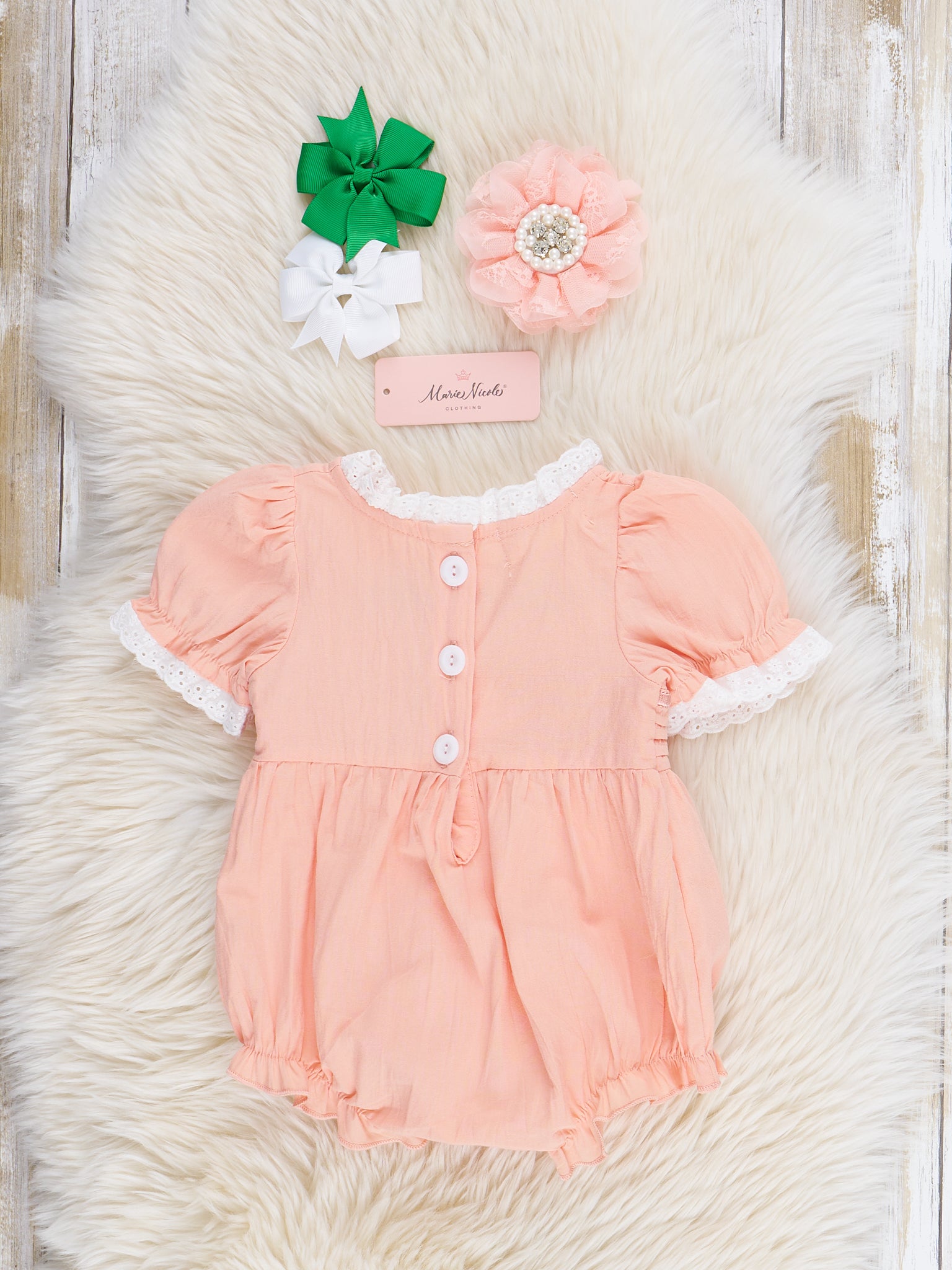 Peach Embroidered Garden Smocked Ruffle Bubble Romper - Marie Nicole Clothing