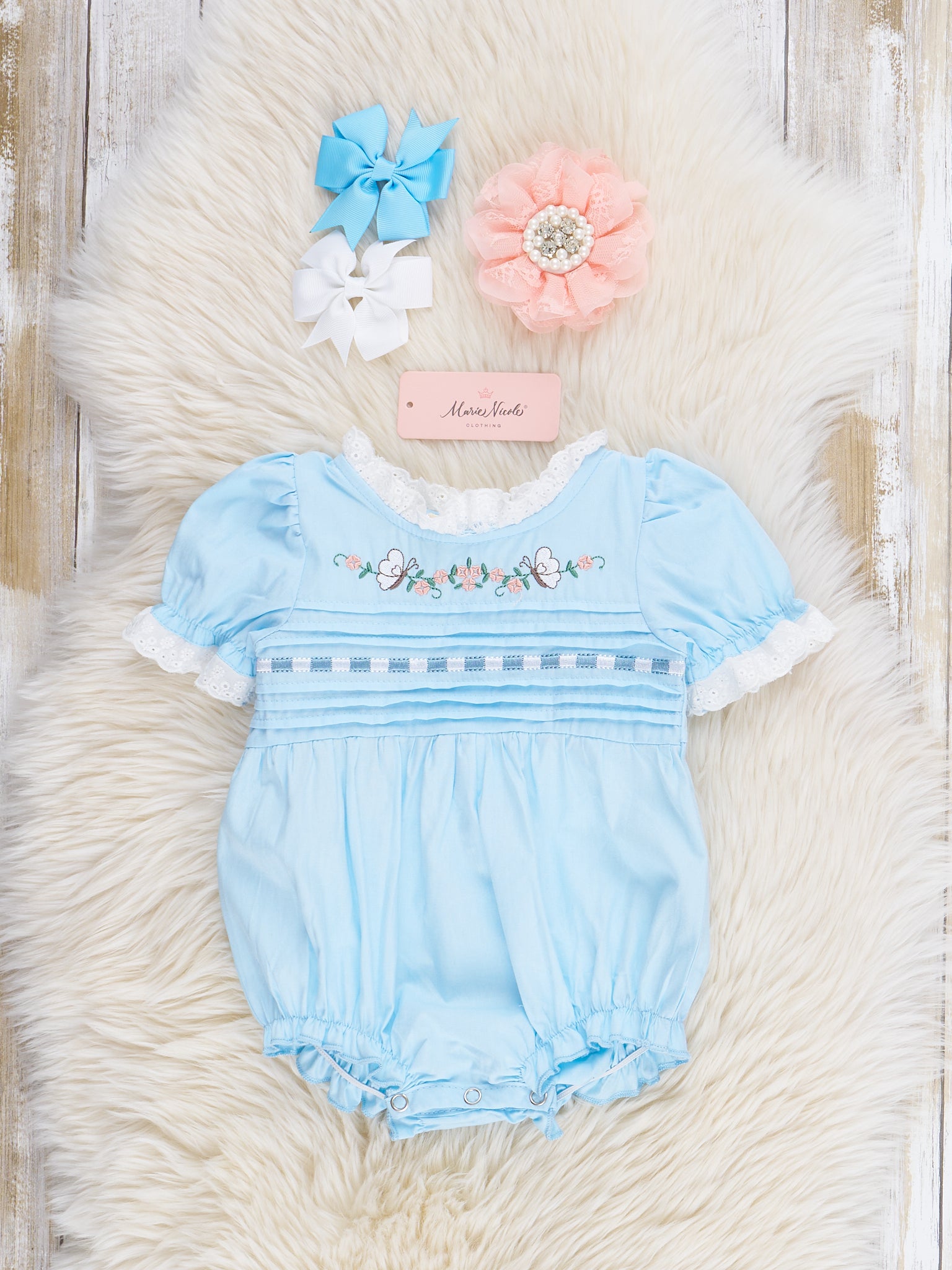 Light Blue Embroidered Garden Smocked Ruffle Bubble Romper - Marie Nicole Clothing