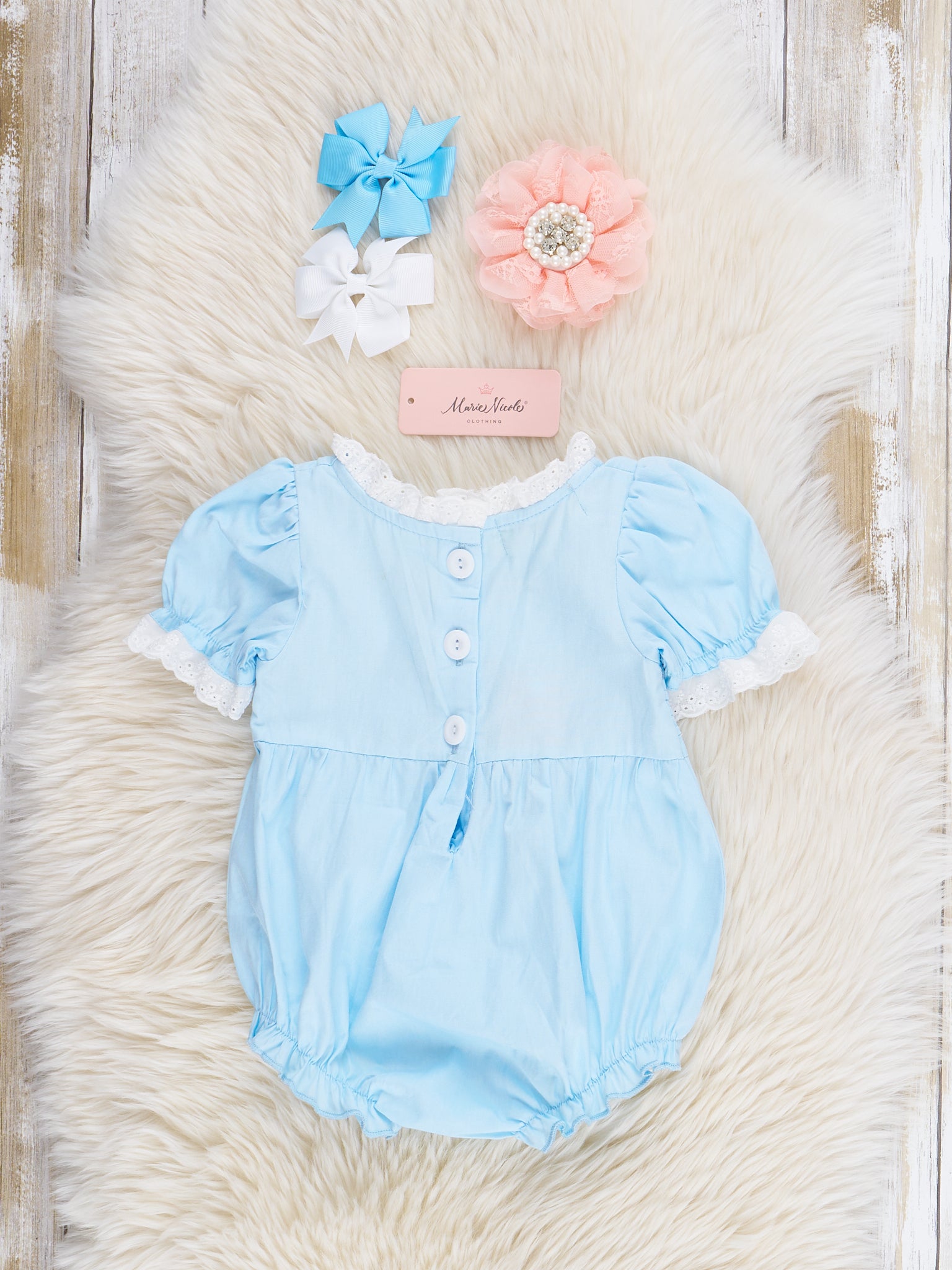 Light Blue Embroidered Garden Smocked Ruffle Bubble Romper - Marie Nicole Clothing