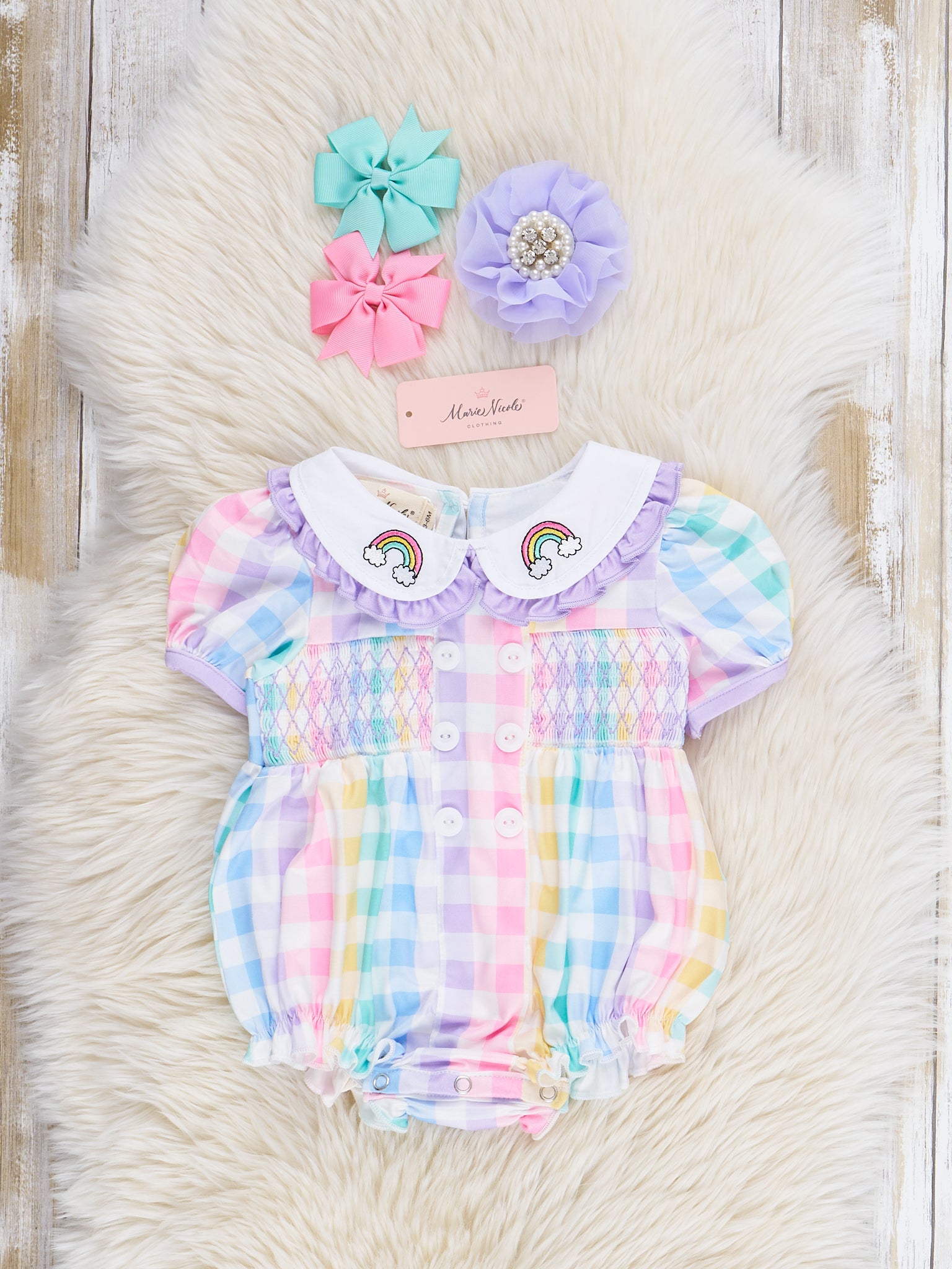 Purple Smocked Rainbow Ruffle Bubble Romper - Marie Nicole Clothing
