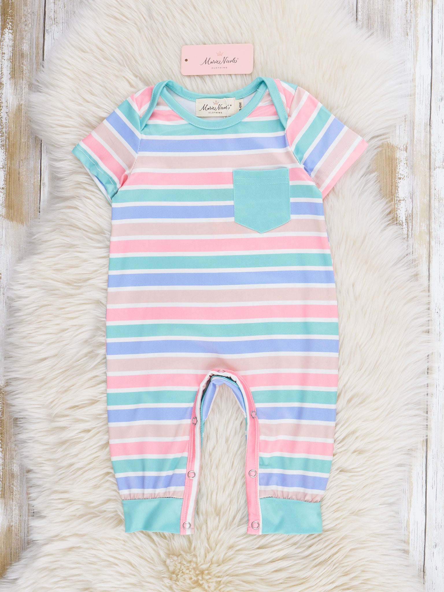 Peach & Teal Pocket Striped Romper - Marie Nicole Clothing