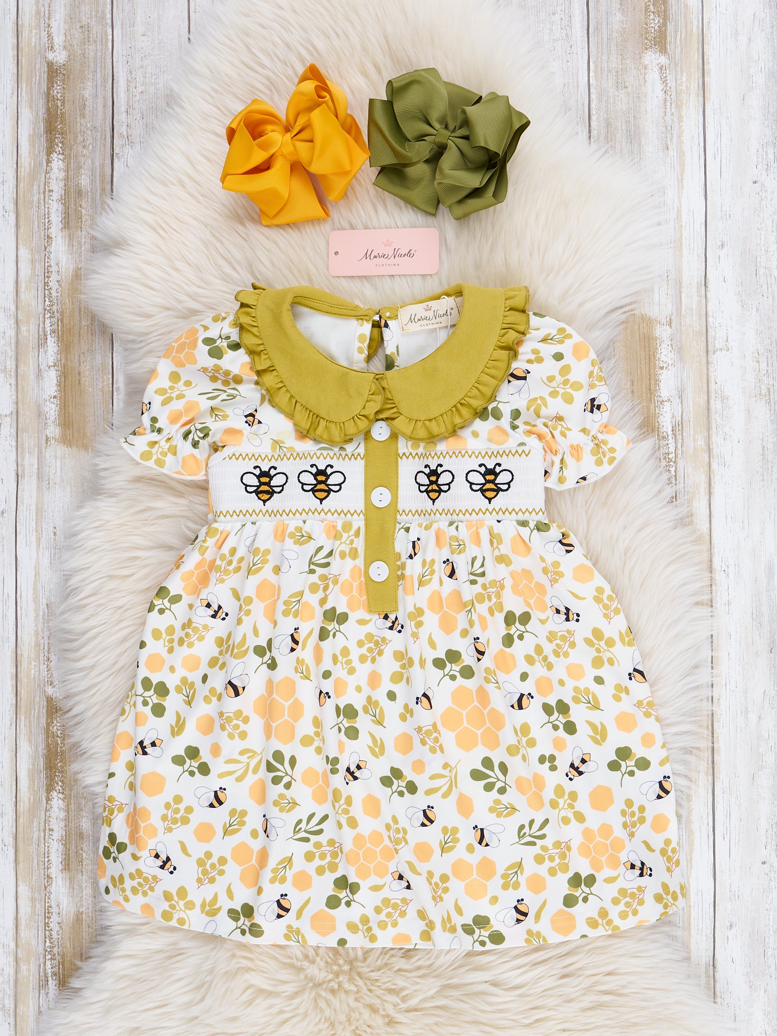 Green Smocked Honeycomb Ruffle Dress - Marie Nicole Clothing