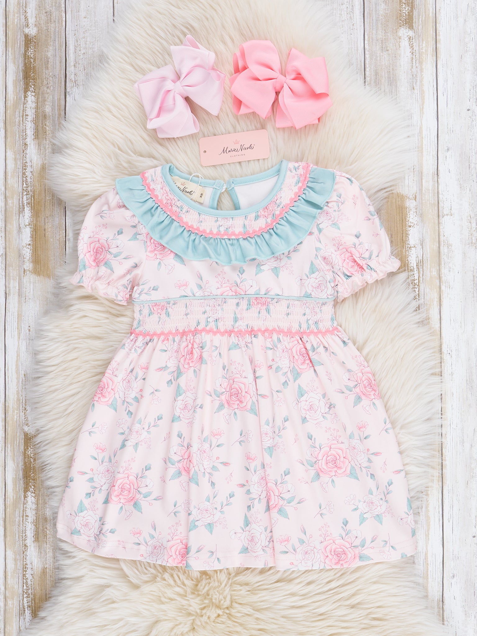 Teal & Rose Bouquets Smocked Ruffle Dress - Marie Nicole Clothing