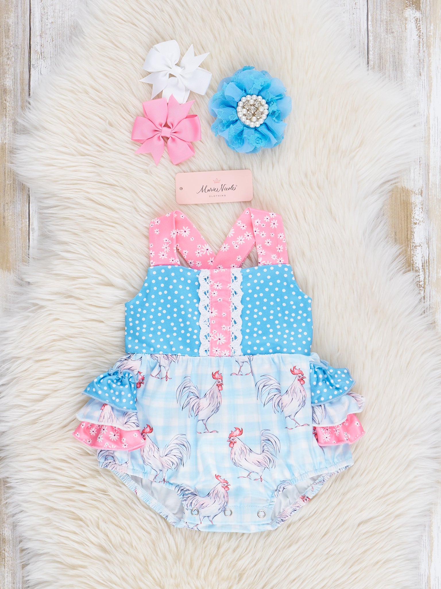Pink & Blue Rooster Ruffle Bubble Romper - Marie Nicole Clothing