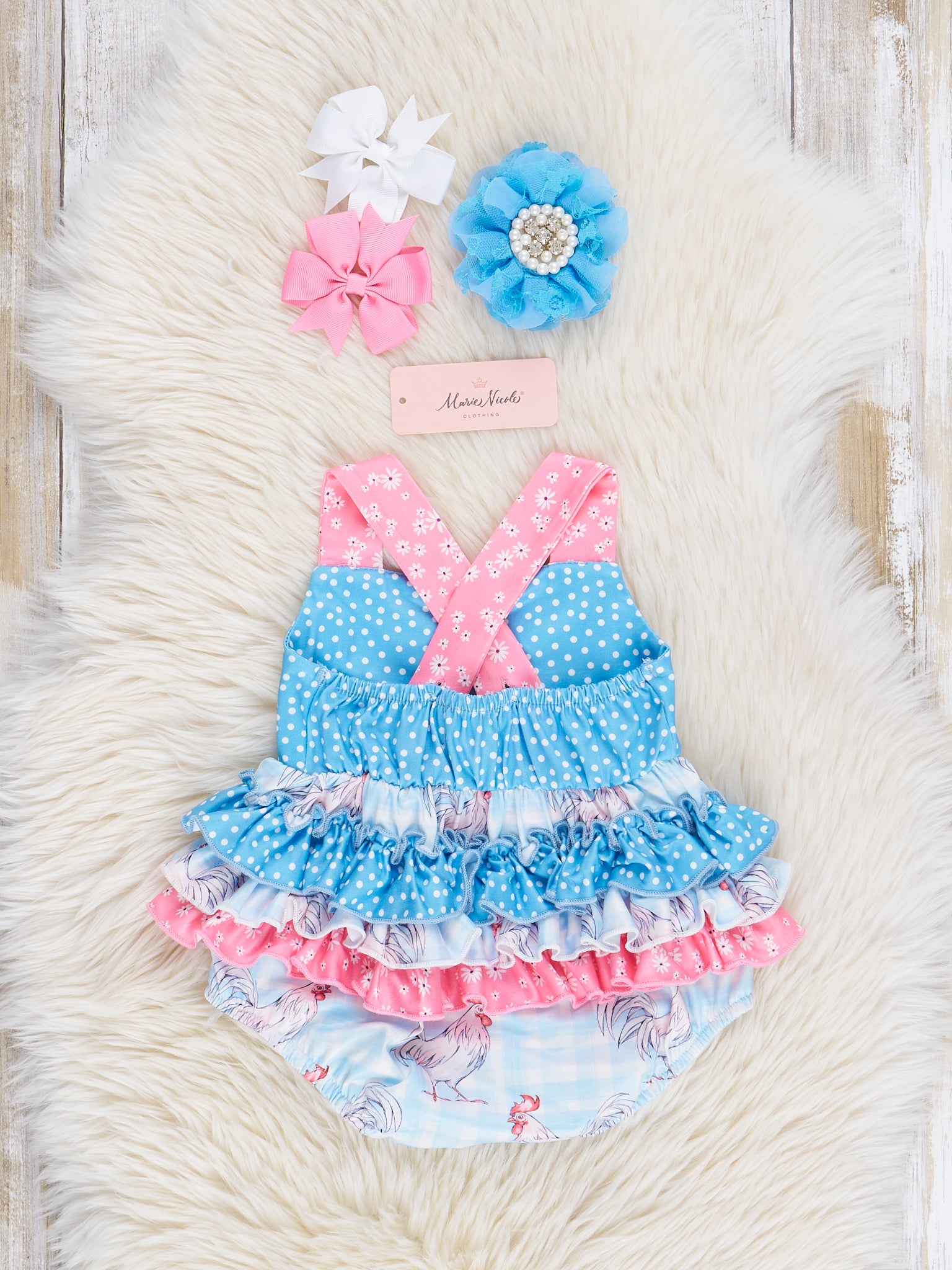 Pink & Blue Rooster Ruffle Bubble Romper - Marie Nicole Clothing