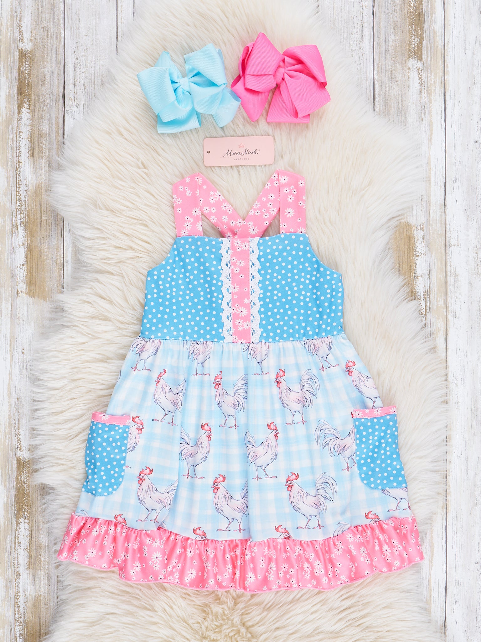 Pink & Blue Rooster Ruffle Dress - Marie Nicole Clothing