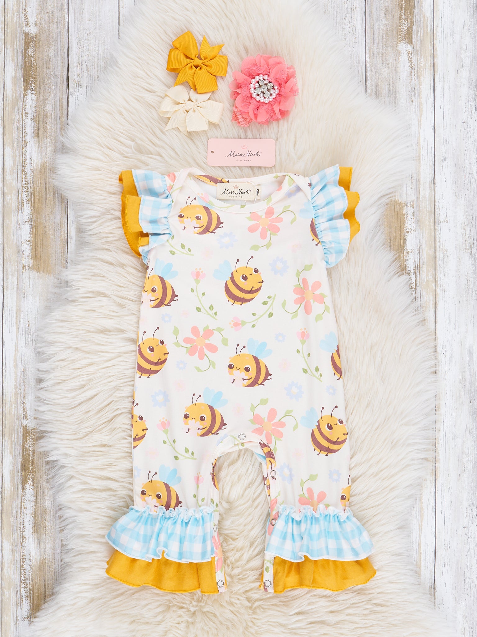 Honey Bee Gingham Ruffle Romper - Marie Nicole Clothing