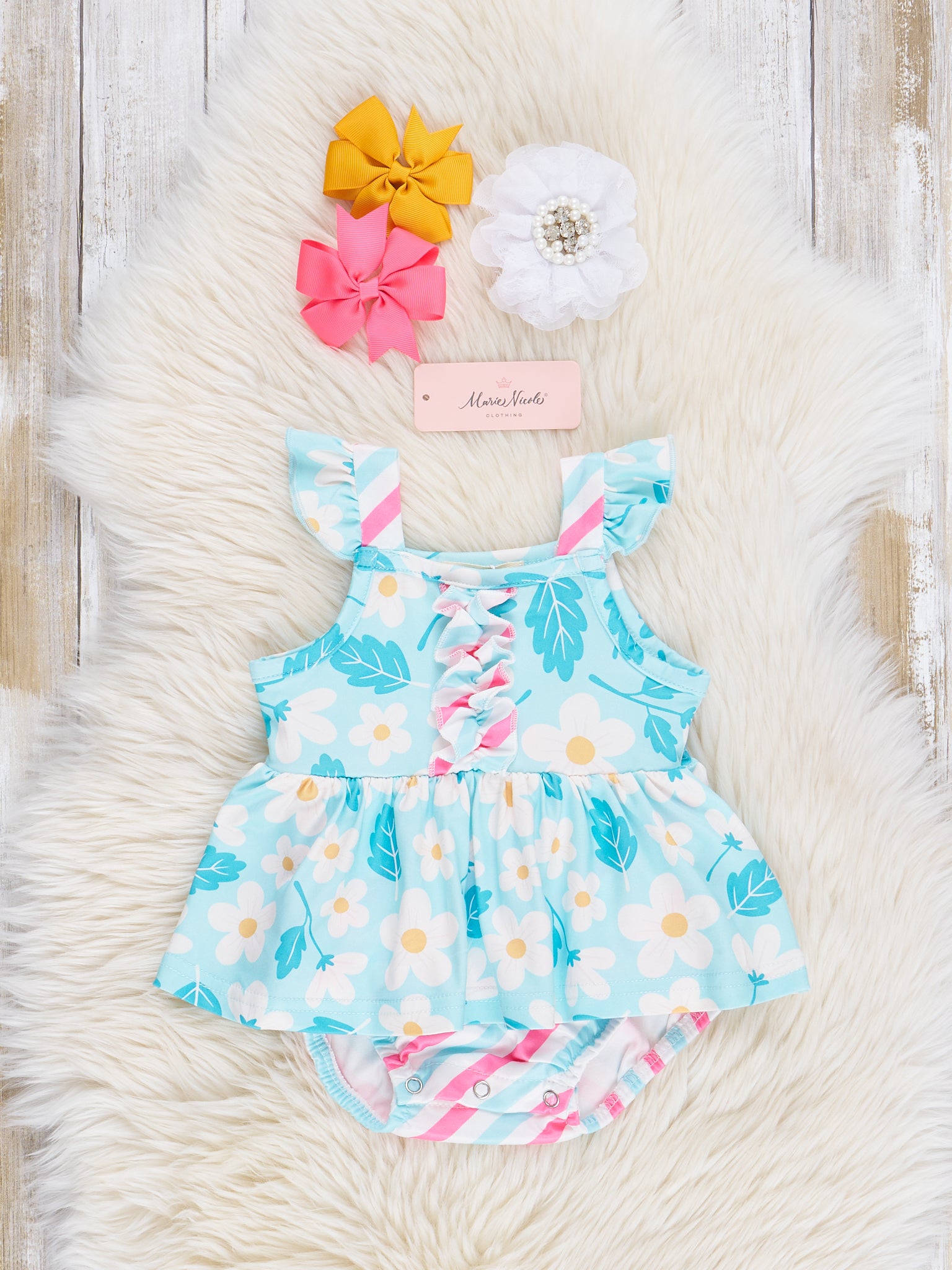 Teal Daisies & Candy Stripes Ruffle Bubble Romper - Marie Nicole Clothing