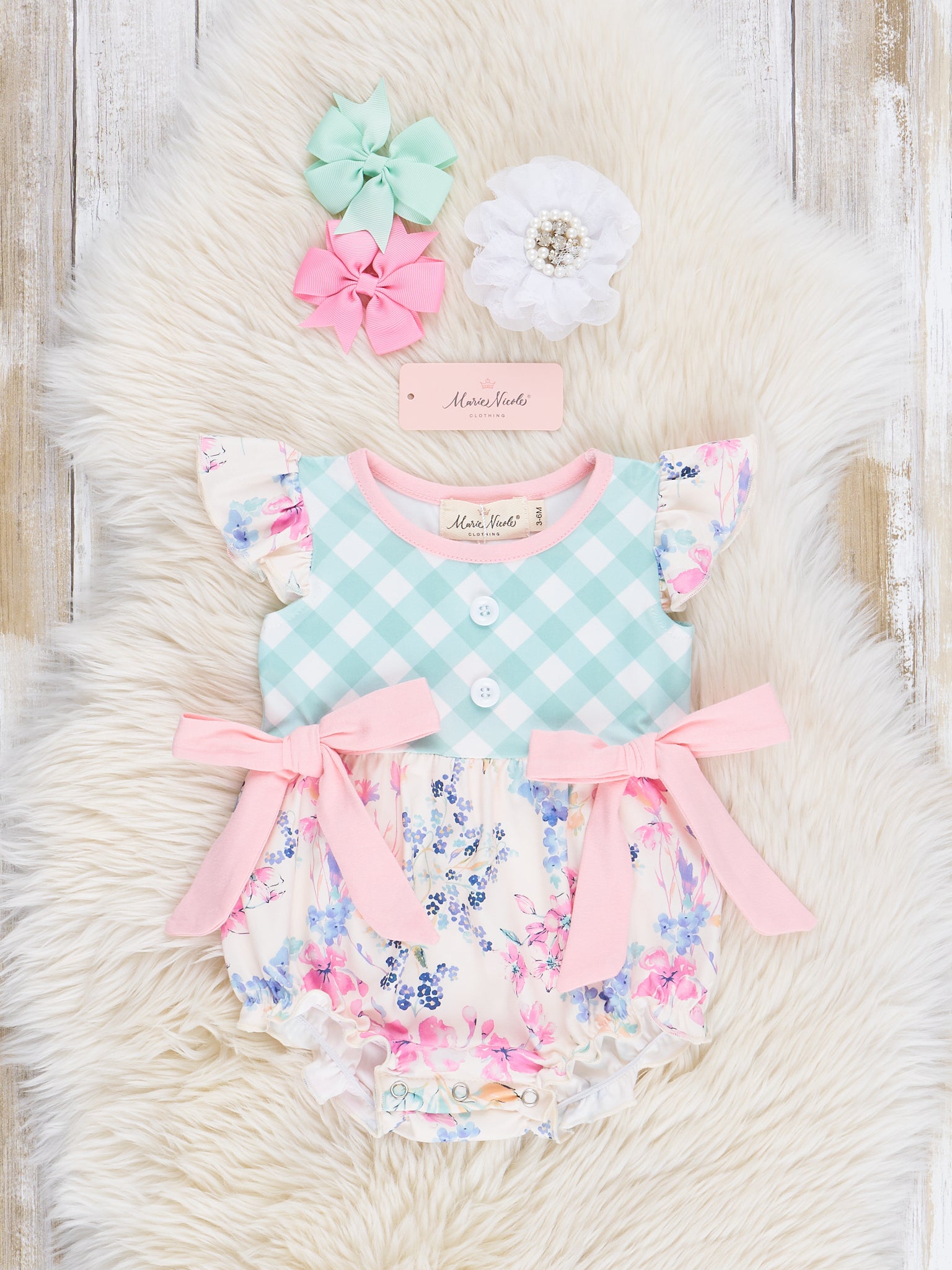 Pink & Green Gingham Garden Ruffle Bubble Romper - Marie Nicole Clothing