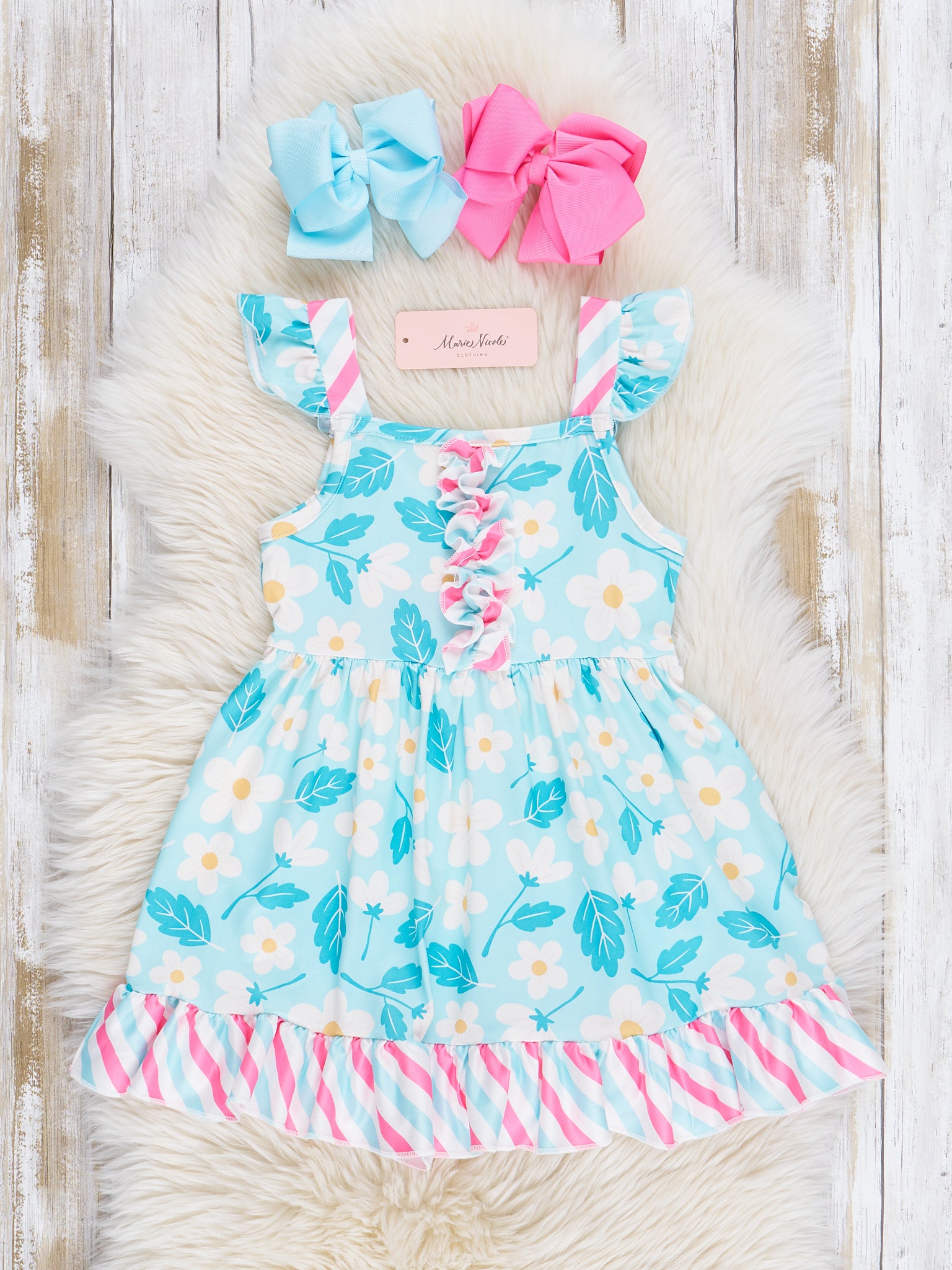 Teal Daisies & Candy Stripes Ruffle Dress - Marie Nicole Clothing