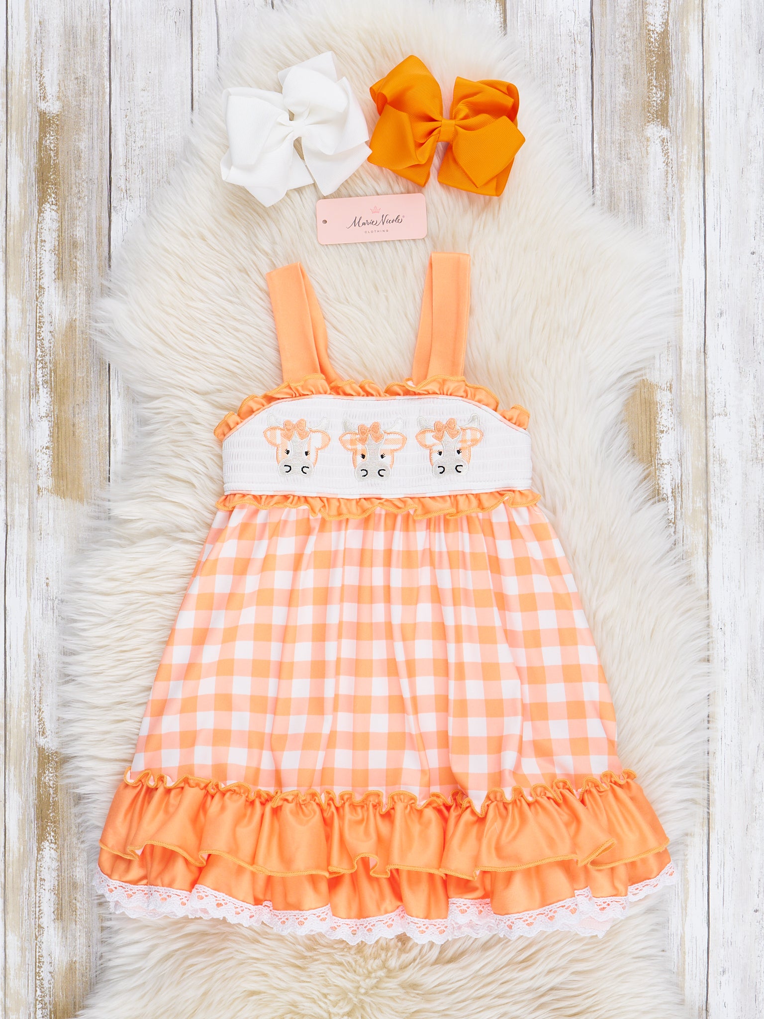 Orange Gingham Cows Smocked Ruffle Dress - Marie Nicole Clothing