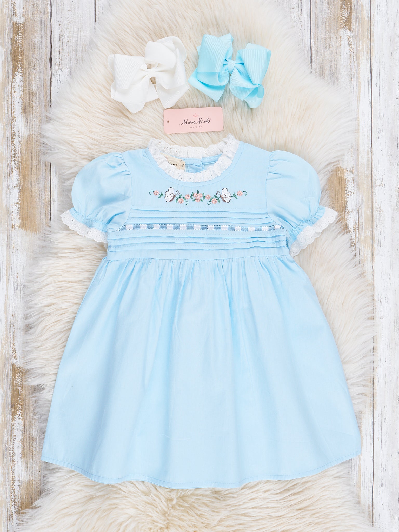 Light Blue Embroidered Garden Smocked Ruffle Dress - Marie Nicole Clothing