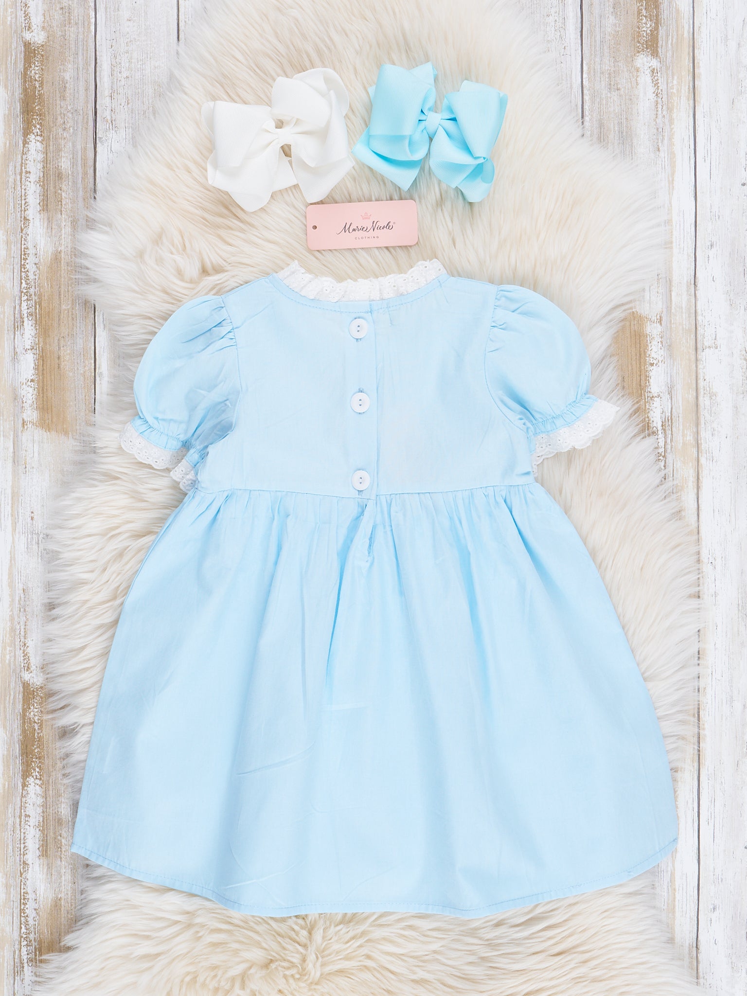 Light Blue Embroidered Garden Smocked Ruffle Dress - Marie Nicole Clothing
