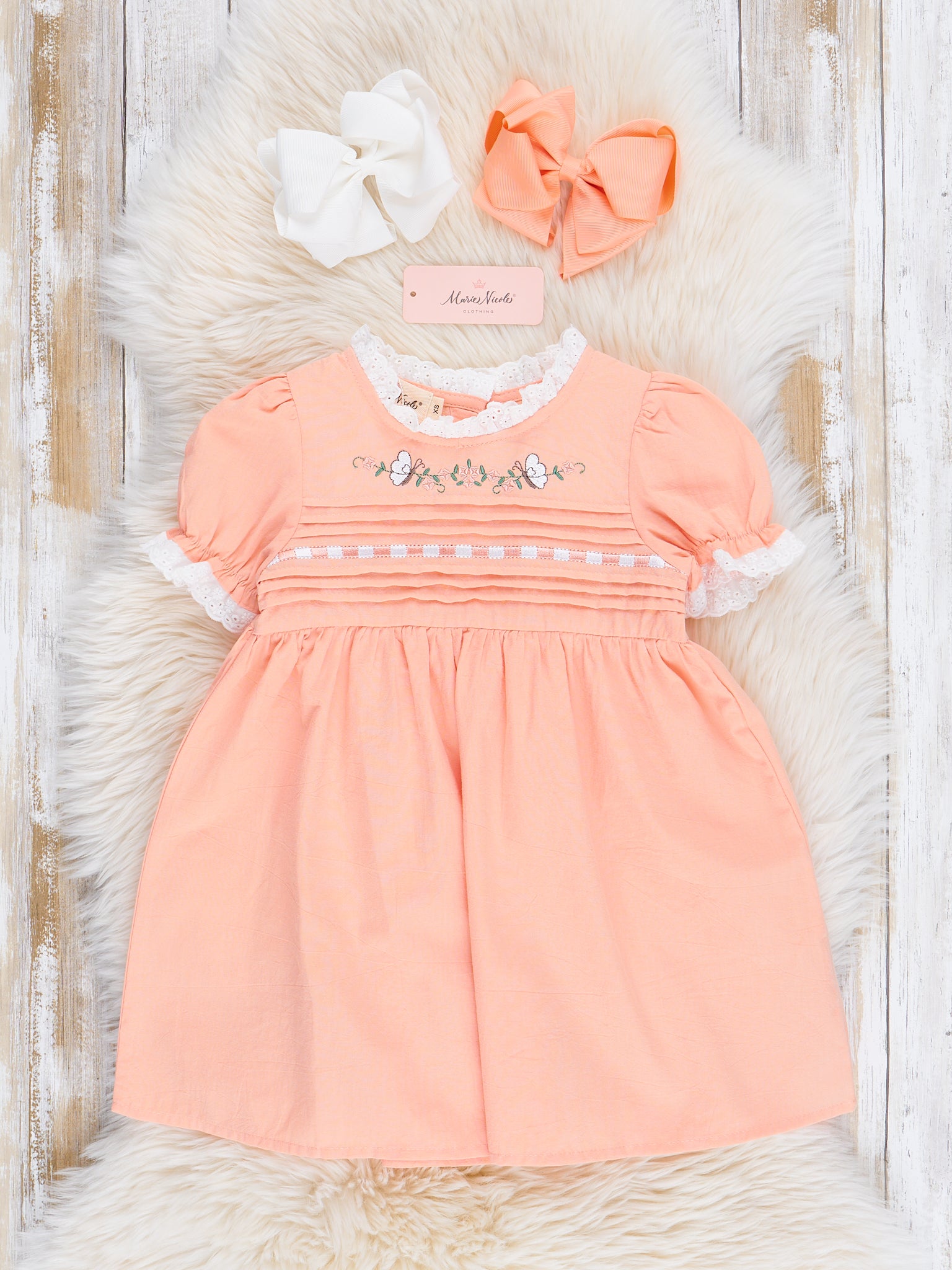 Peach Embroidered Garden Smocked Ruffle Dress - Marie Nicole Clothing