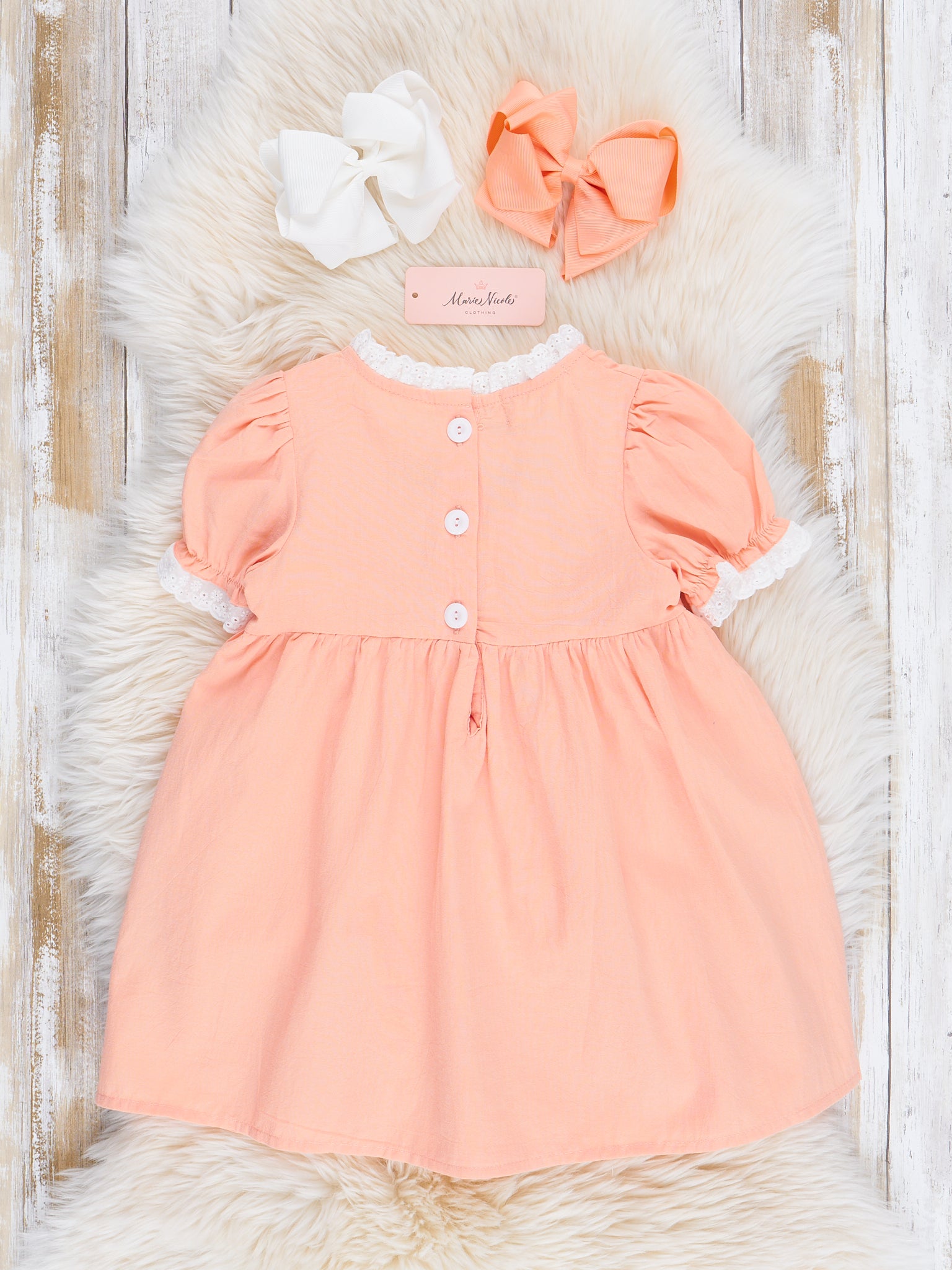 Peach Embroidered Garden Smocked Ruffle Dress - Marie Nicole Clothing