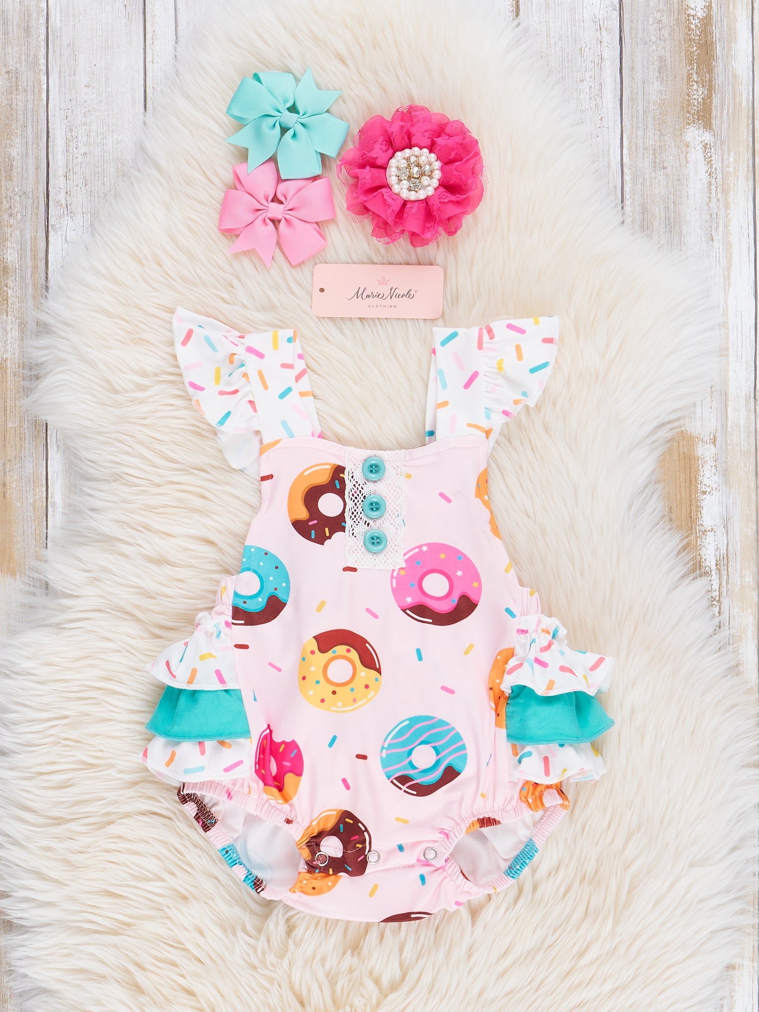 Pink & Turquoise Sprinkle Donuts Ruffle Bubble Romper - Marie Nicole Clothing