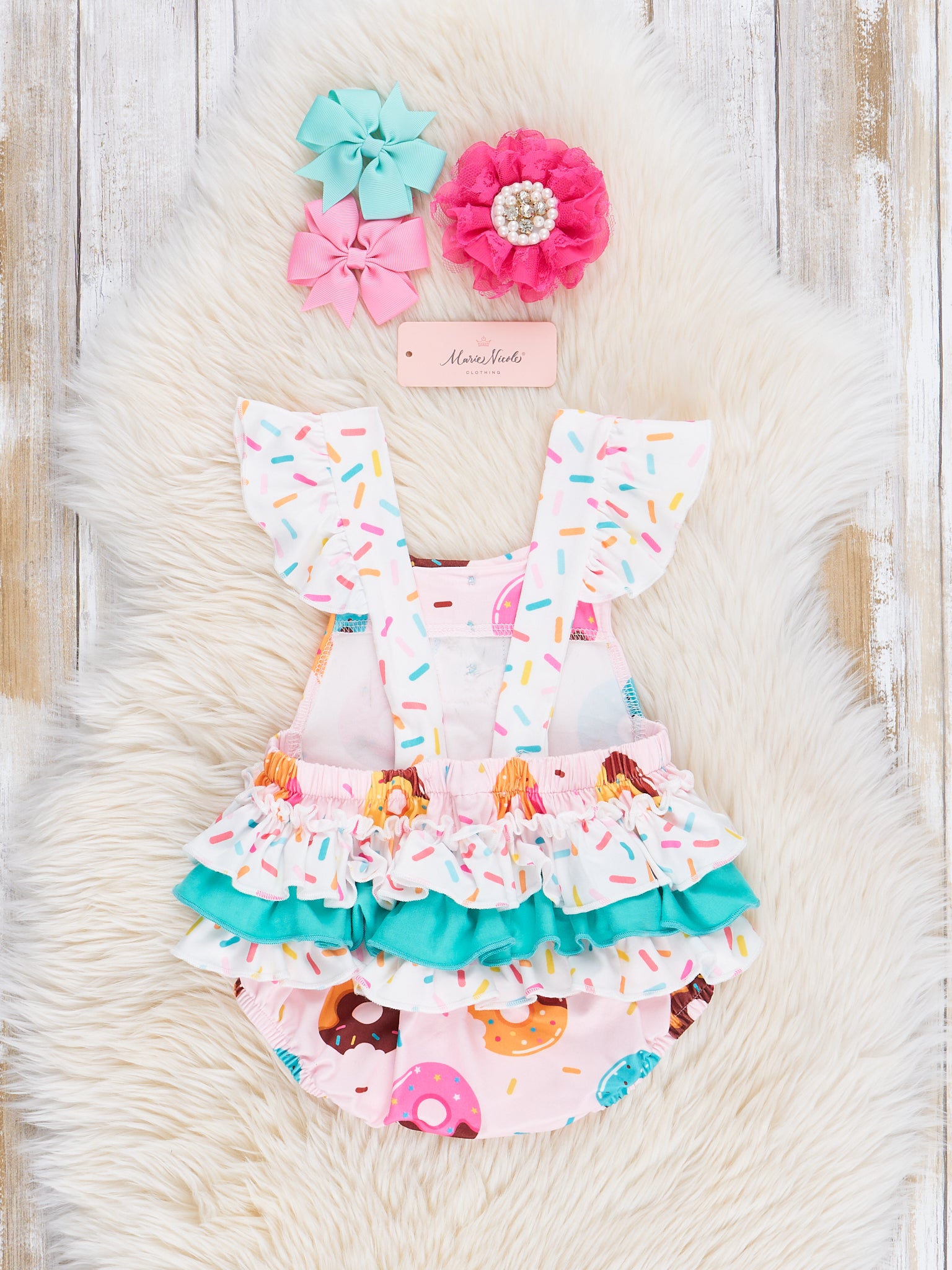 Pink & Turquoise Sprinkle Donuts Ruffle Bubble Romper - Marie Nicole Clothing