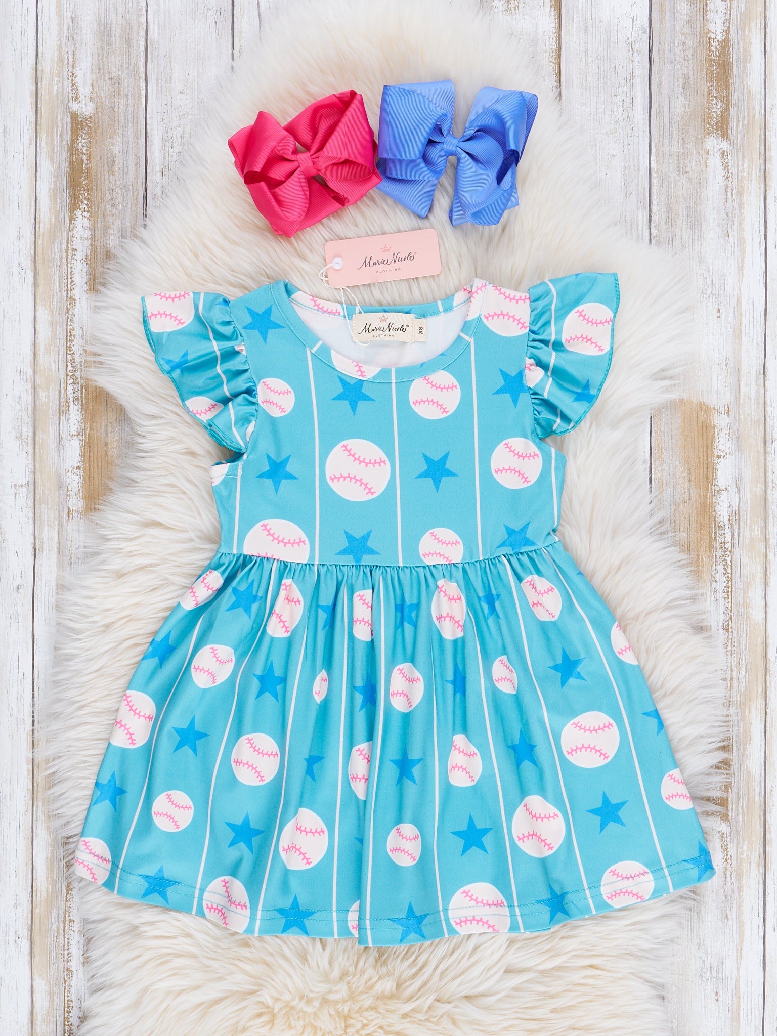 Bright Blue Baseball Star Ruffle Dress - Marie Nicole Clothing