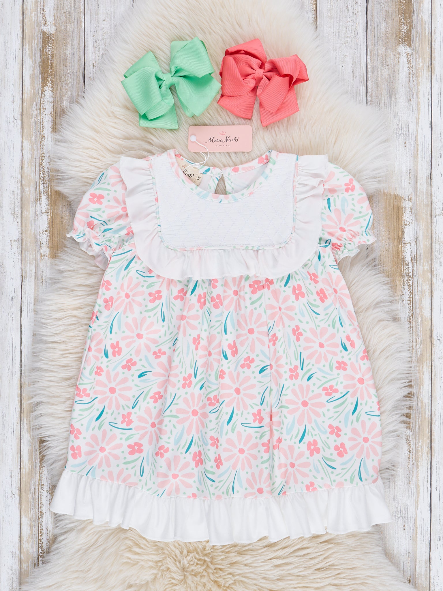 Pink & Turquoise Garden Ruffle Dress - Marie Nicole Clothing