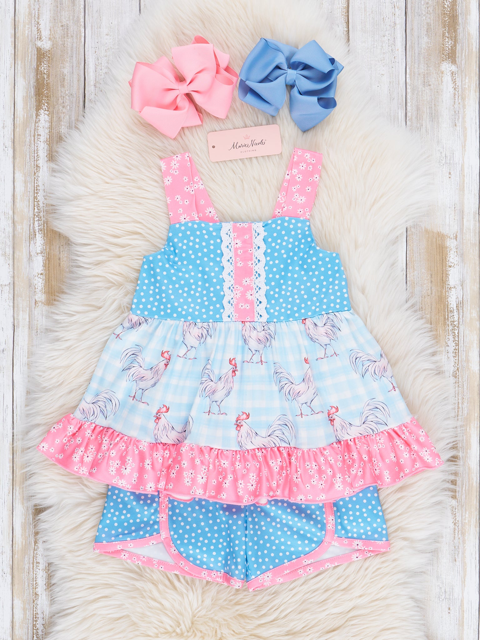 Pink & Blue Rooster Ruffle Outfit - Marie Nicole Clothing