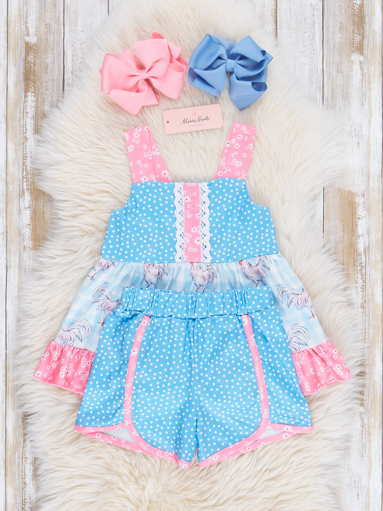 Pink & Blue Rooster Ruffle Outfit - Marie Nicole Clothing
