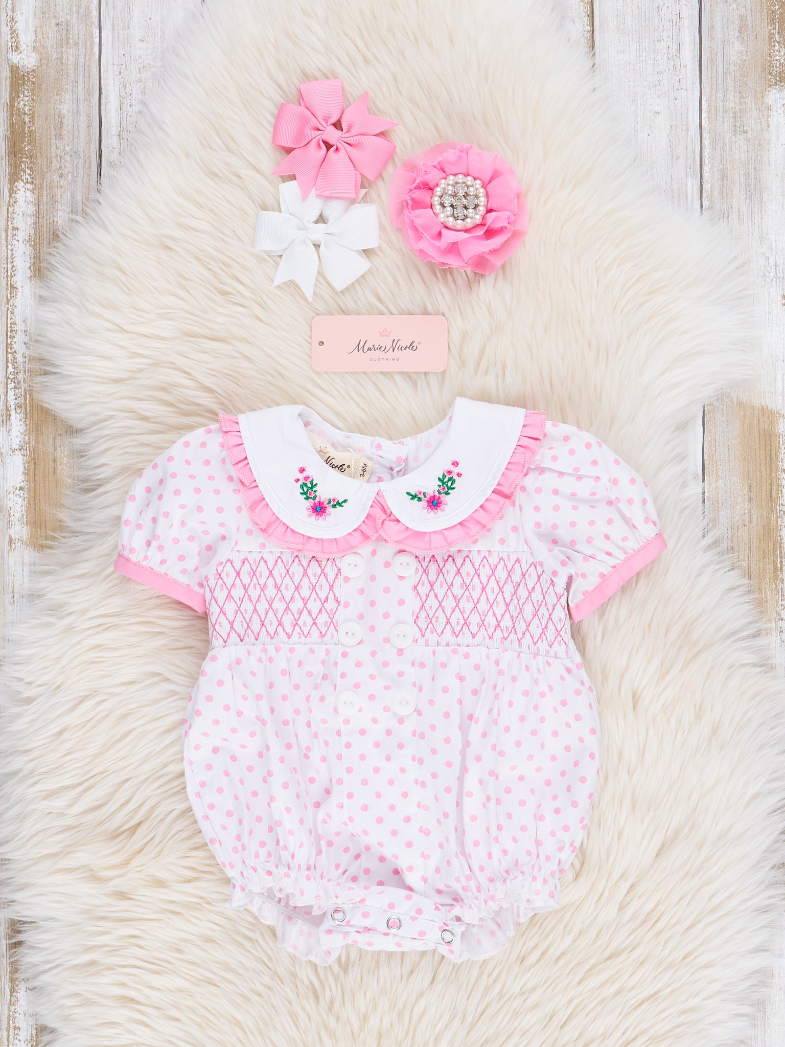 Pink Smocked Blooms Ruffle Bubble Romper - Marie Nicole Clothing