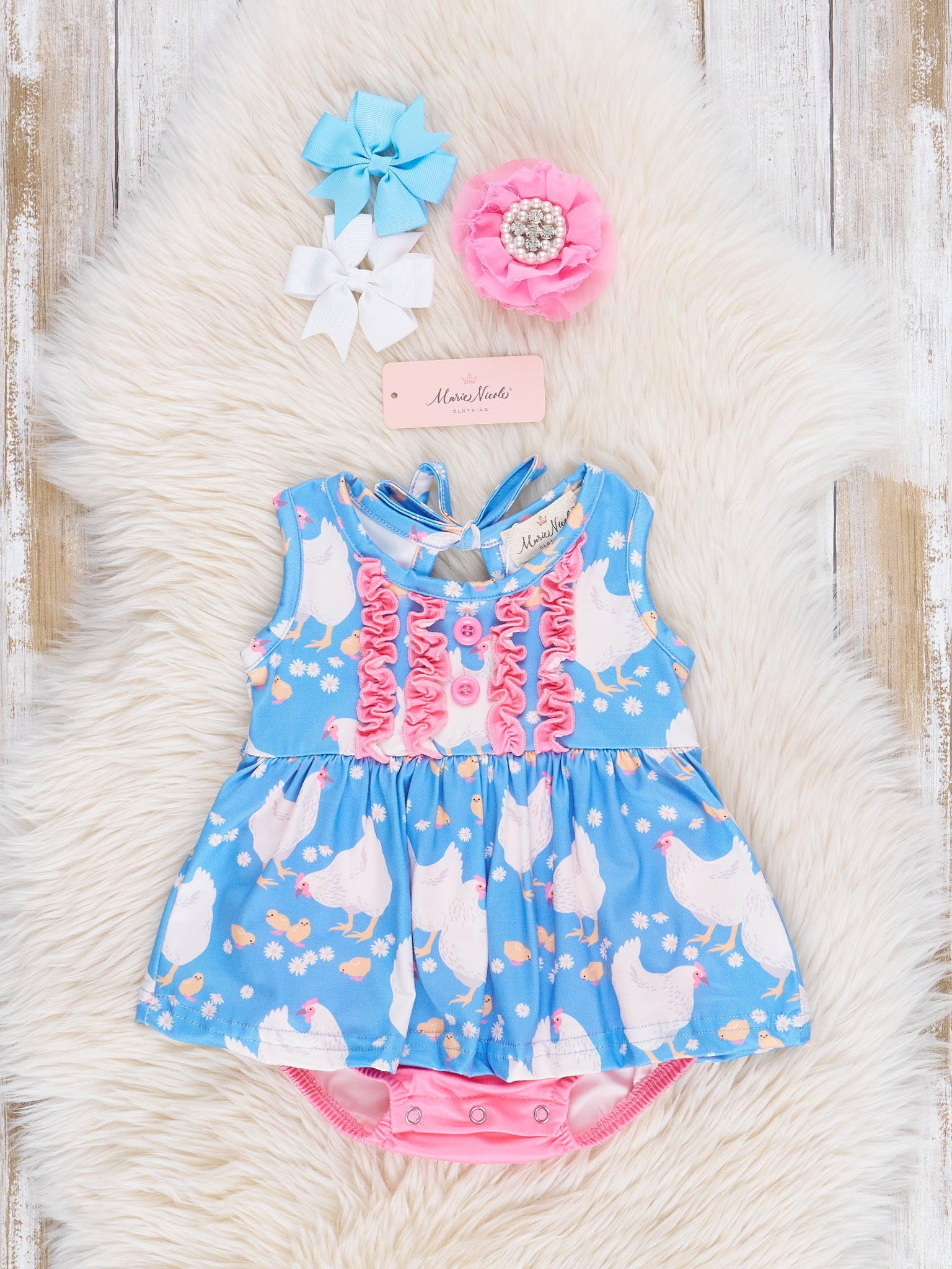 Bright Blue & Pink Chicken Ruffle Bubble Romper - Marie Nicole Clothing