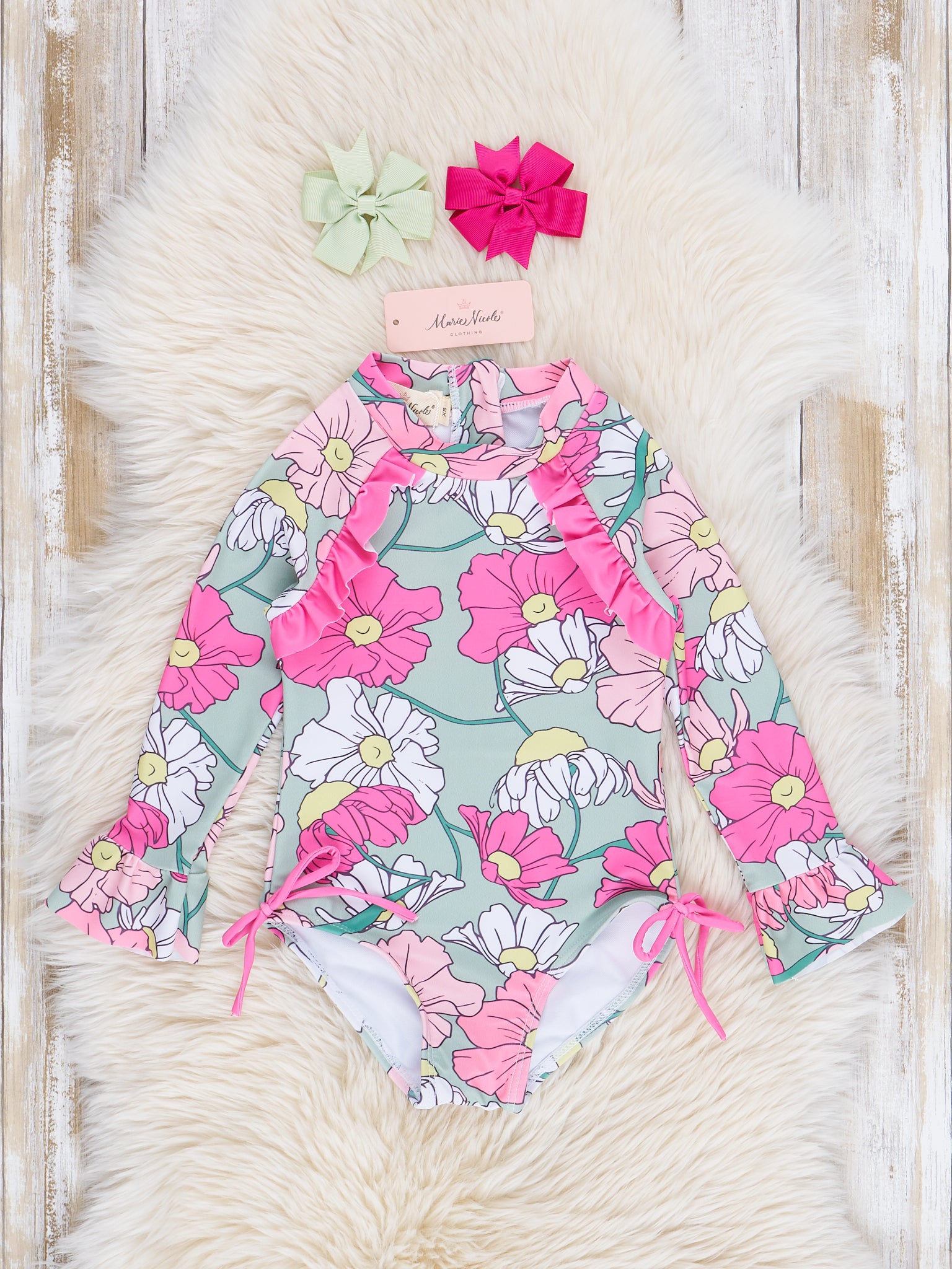Pink & Green Blossoms Ruffle Swimsuit - Marie Nicole Clothing