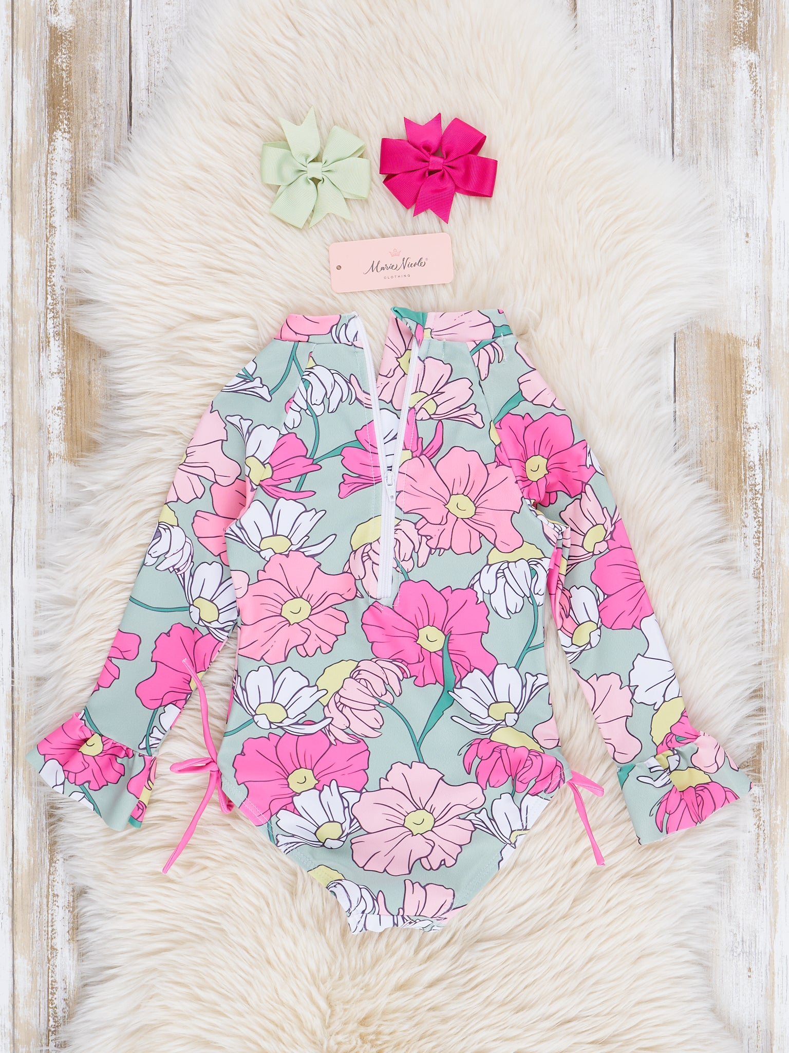 Pink & Green Blossoms Ruffle Swimsuit - Marie Nicole Clothing