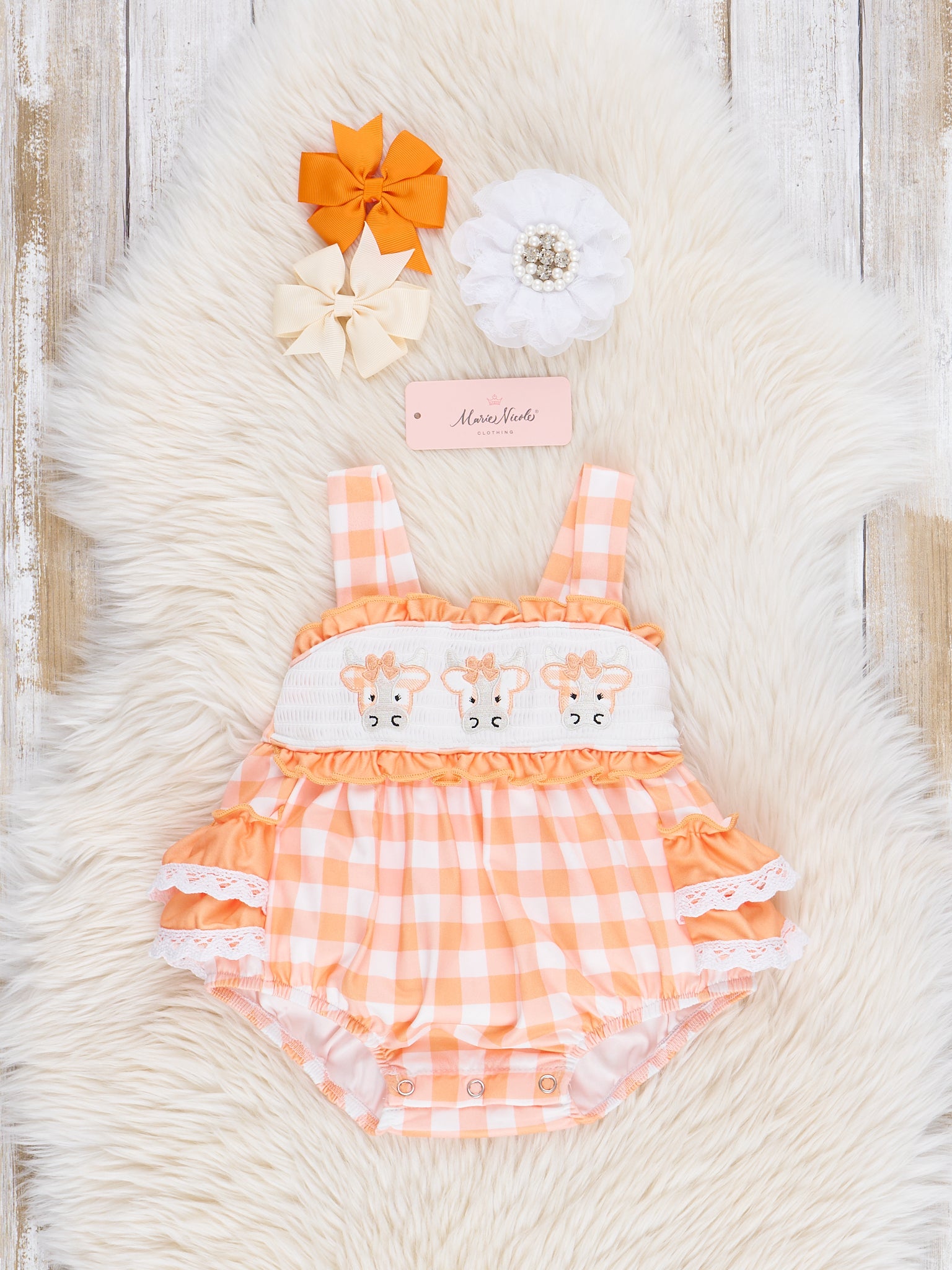 Orange Gingham Cows Smocked Ruffle Bubble Romper - Marie Nicole Clothing