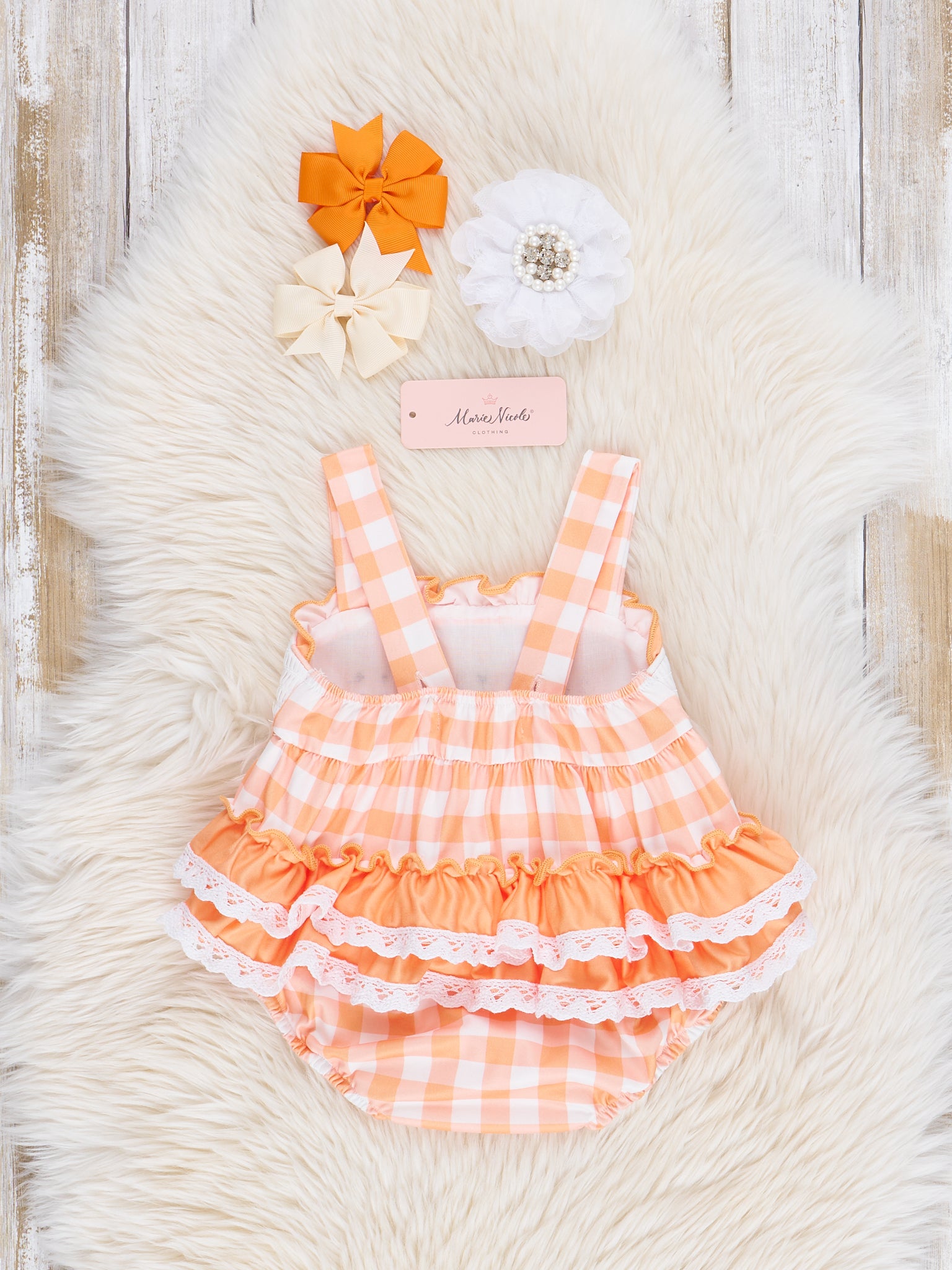 Orange Gingham Cows Smocked Ruffle Bubble Romper - Marie Nicole Clothing