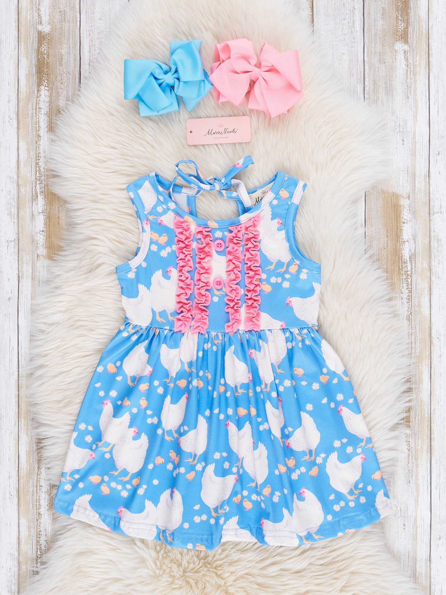 Bright Blue & Pink Chicken Ruffle Dress - Marie Nicole Clothing