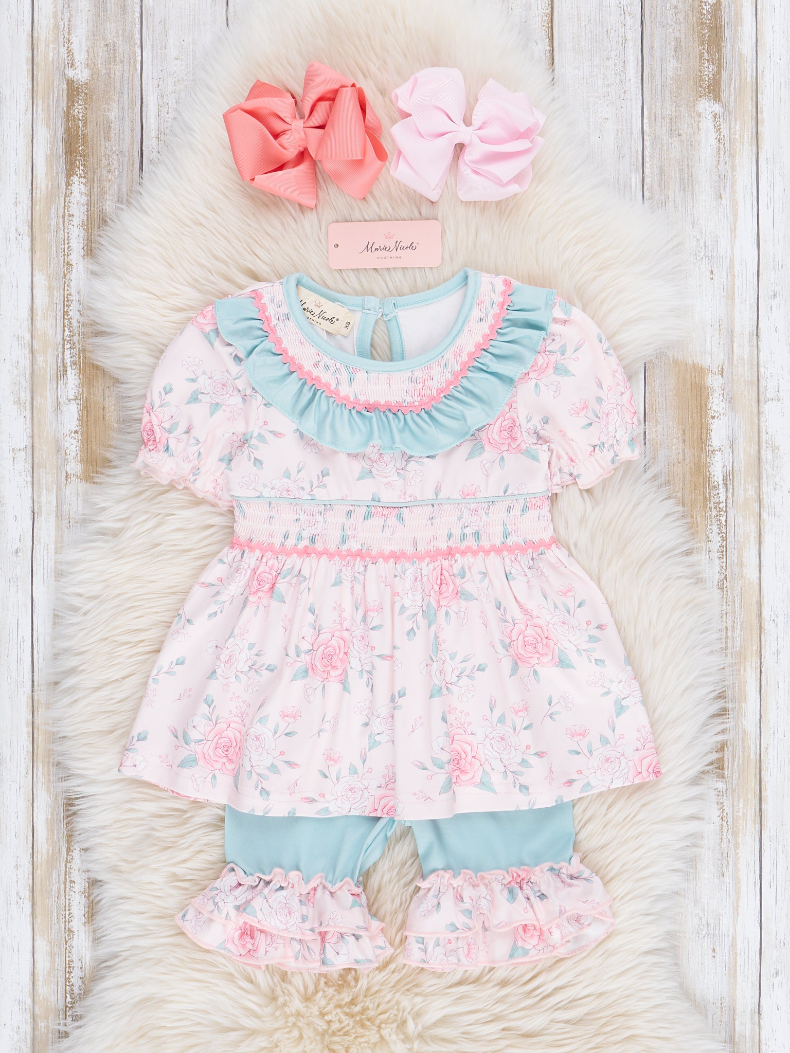 Teal & Rose Bouquets Smocked Ruffle Outfit - Marie Nicole Clothing