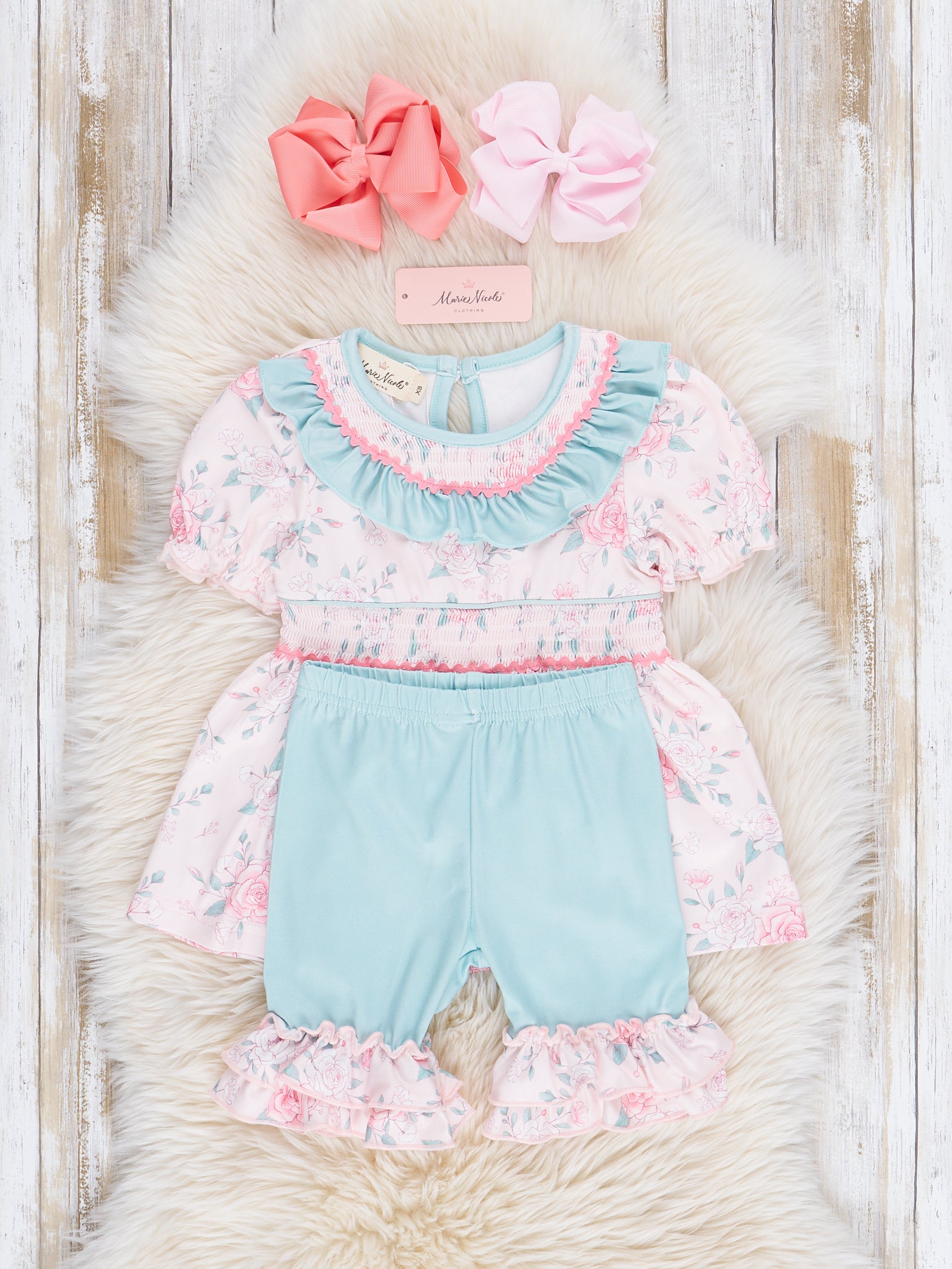 Teal & Rose Bouquets Smocked Ruffle Outfit - Marie Nicole Clothing