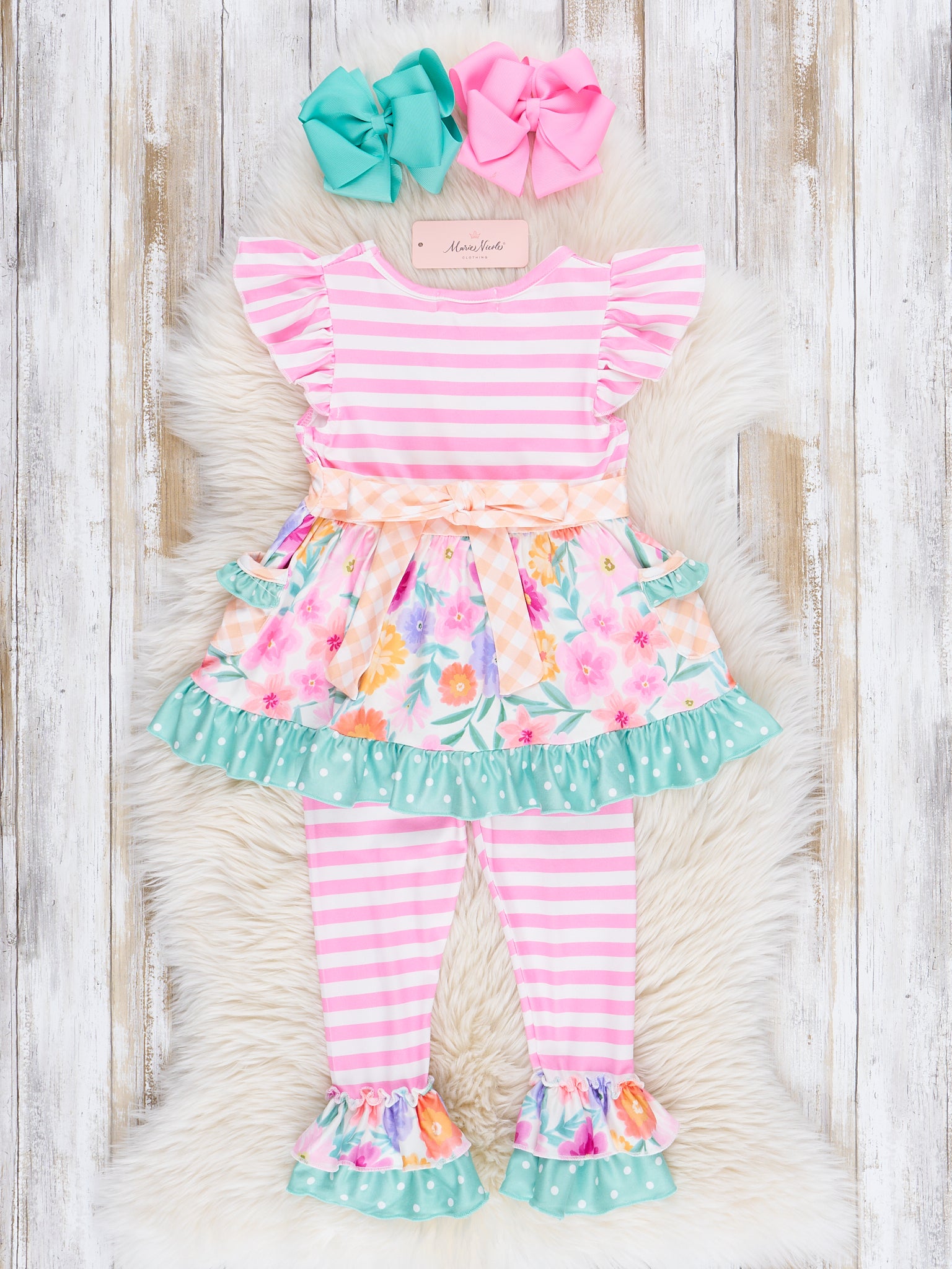 Magenta Stripes & Watercolor Florals Ruffle Outfit - Marie Nicole Clothing