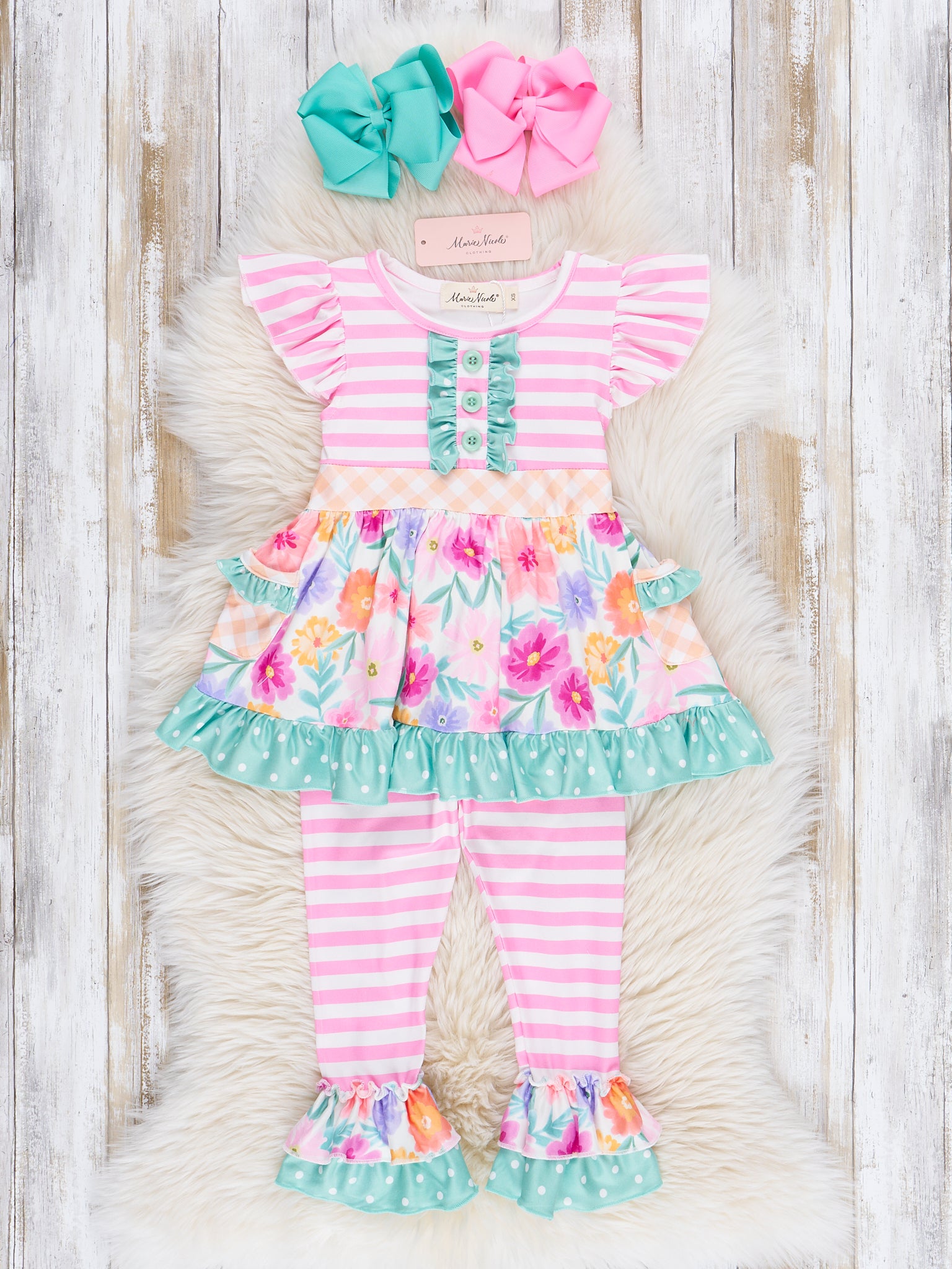 Magenta Stripes & Watercolor Florals Ruffle Outfit - Marie Nicole Clothing