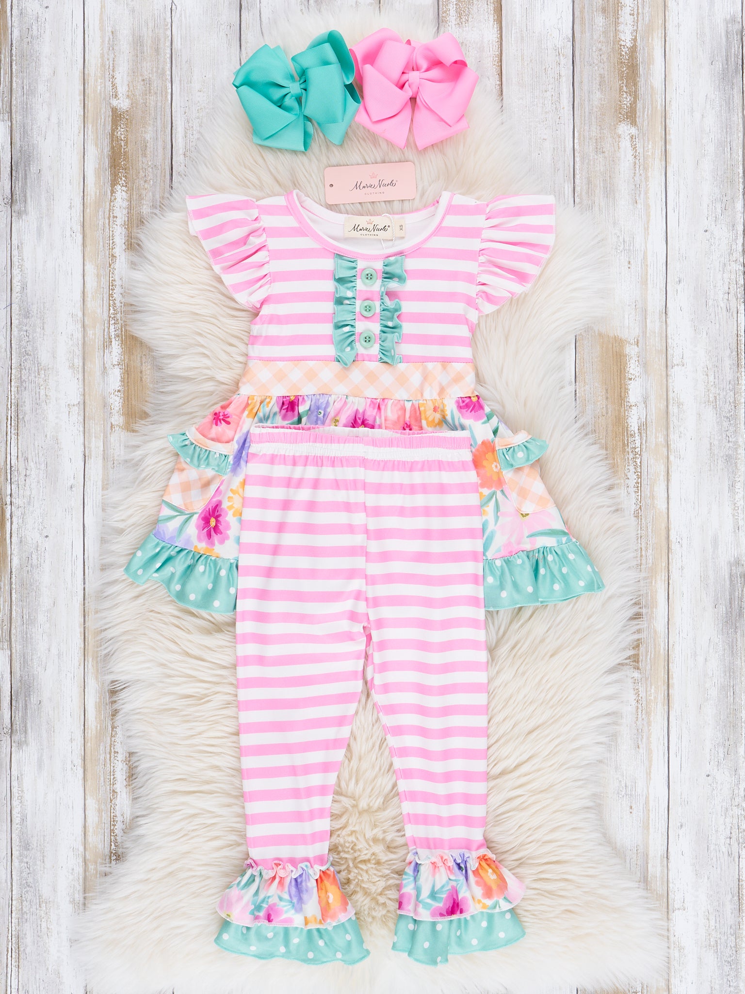 Magenta Stripes & Watercolor Florals Ruffle Outfit - Marie Nicole Clothing