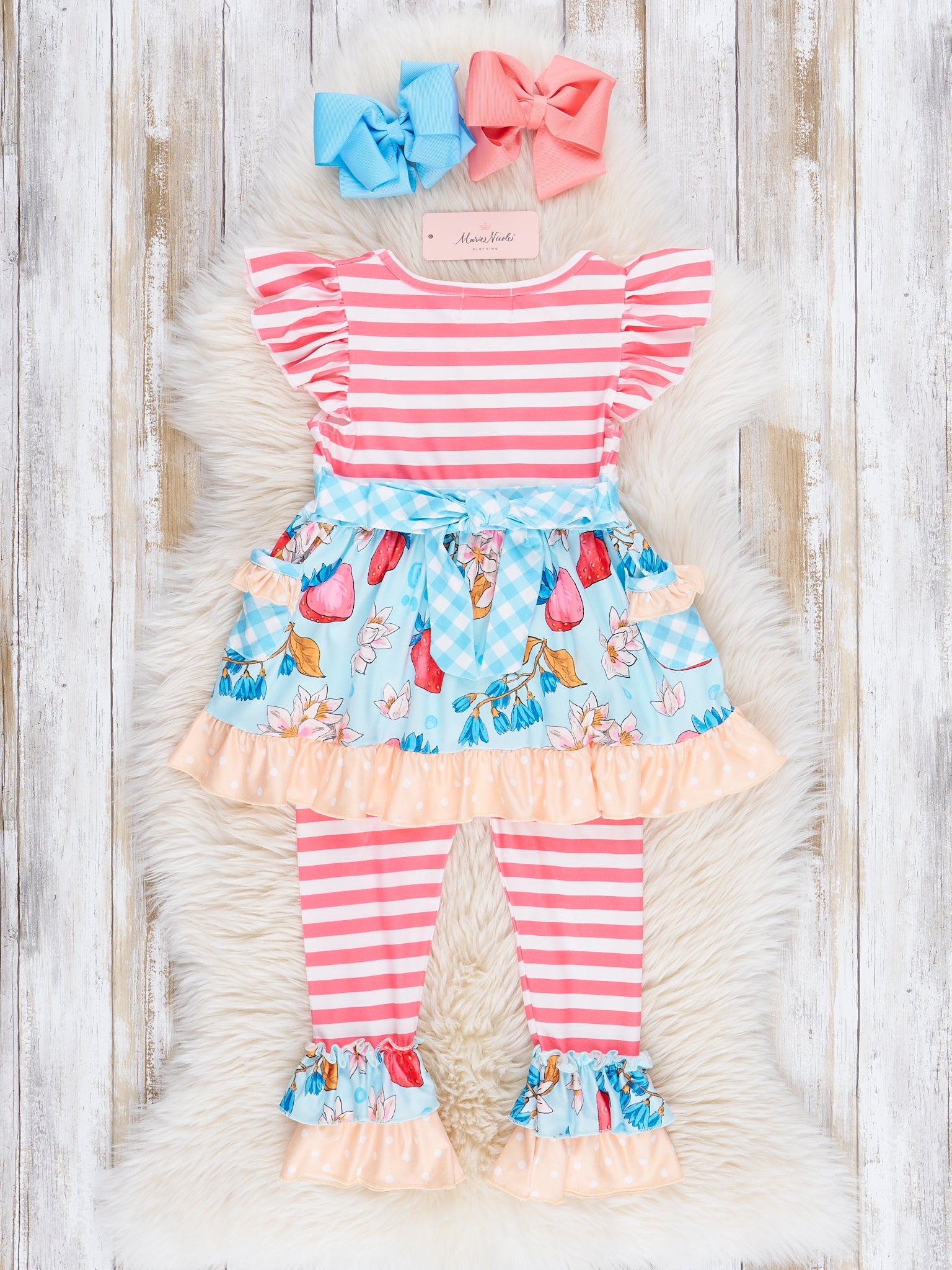 Red Stripes & Strawberries Ruffle Outfit - Marie Nicole Clothing