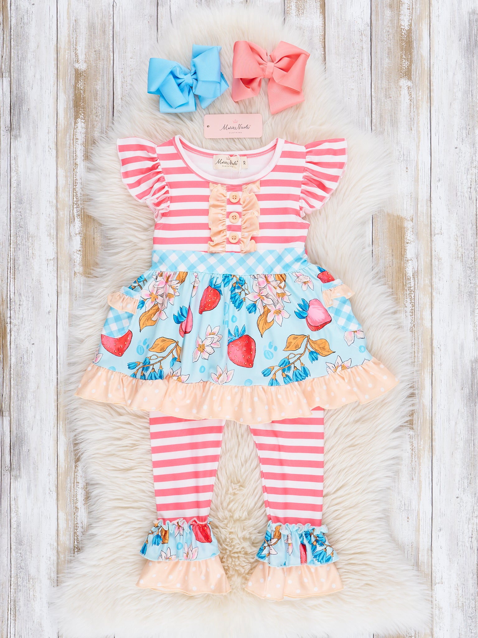 Red Stripes & Strawberries Ruffle Outfit - Marie Nicole Clothing