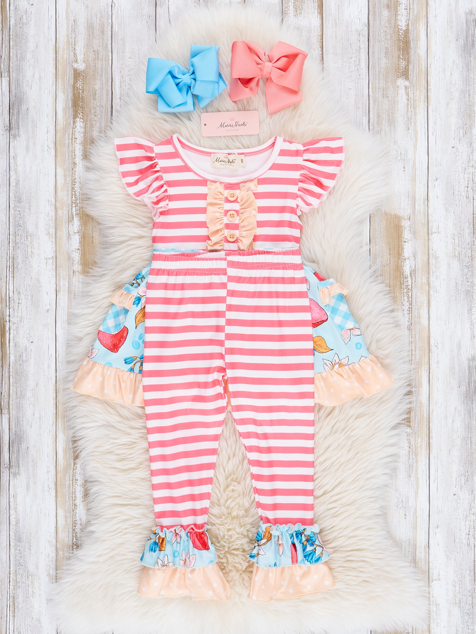 Red Stripes & Strawberries Ruffle Outfit - Marie Nicole Clothing
