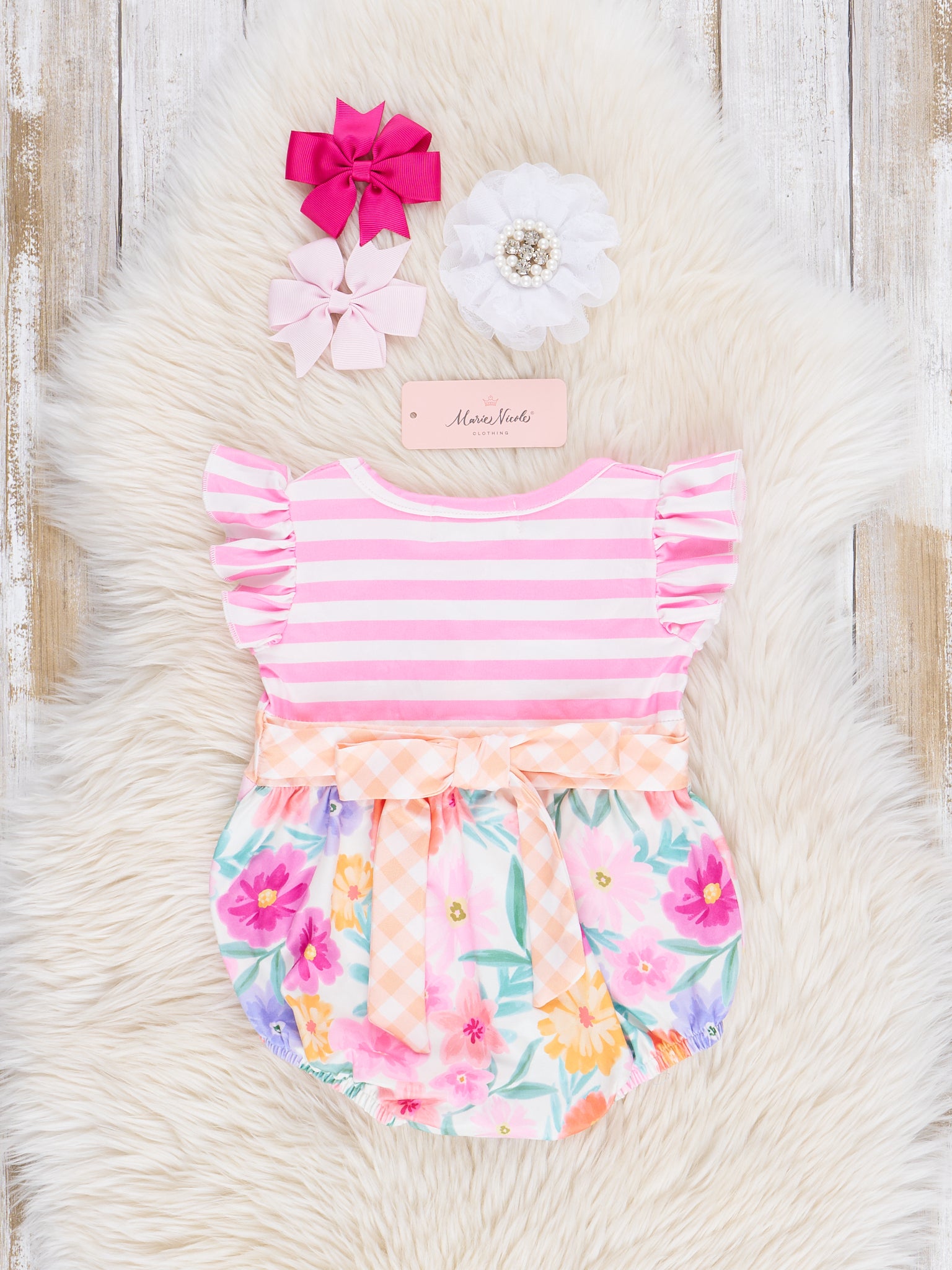 Magenta Stripes & Watercolor Florals Ruffle Bubble Romper - Marie Nicole Clothing