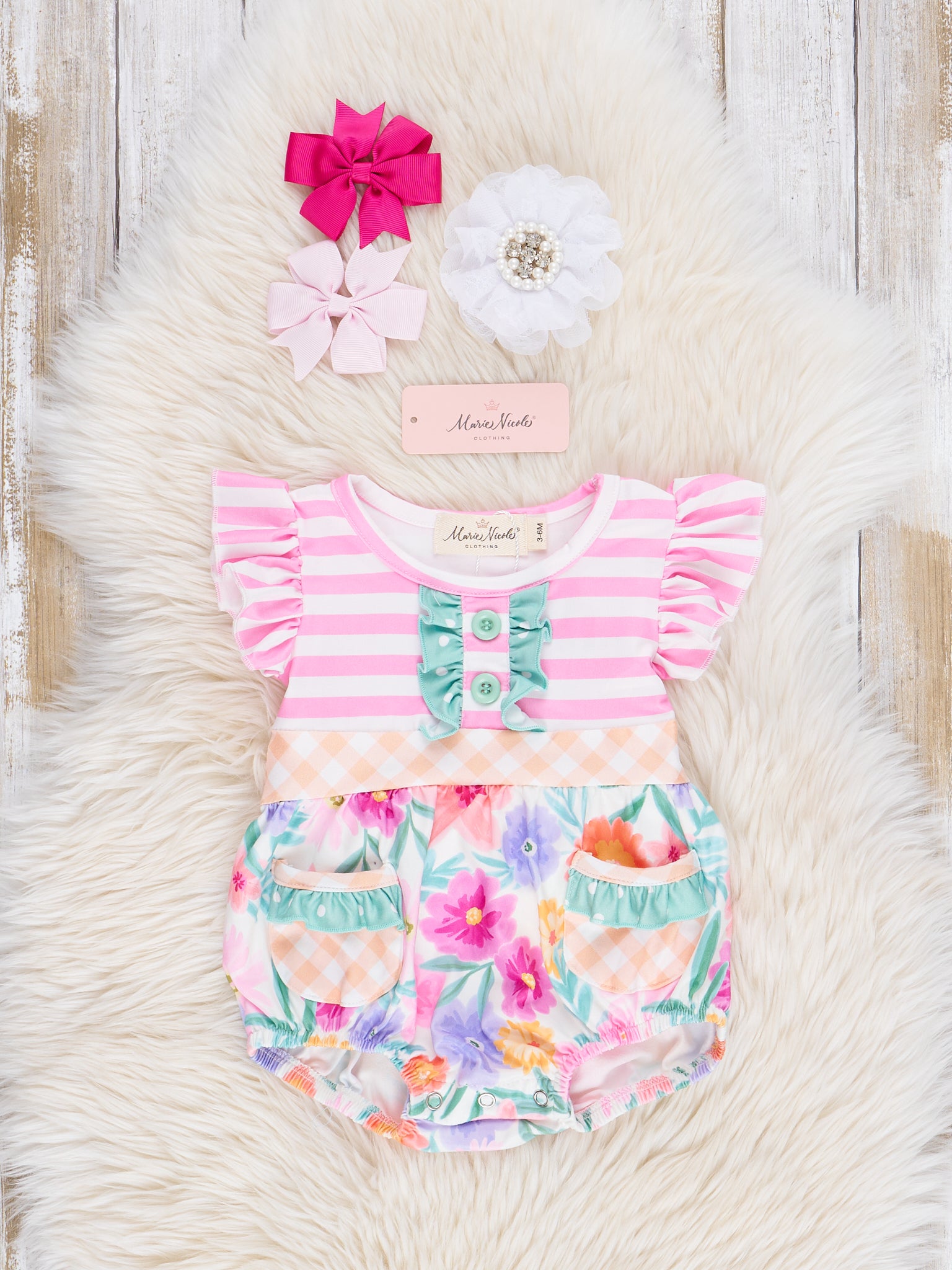 Magenta Stripes & Watercolor Florals Ruffle Bubble Romper - Marie Nicole Clothing