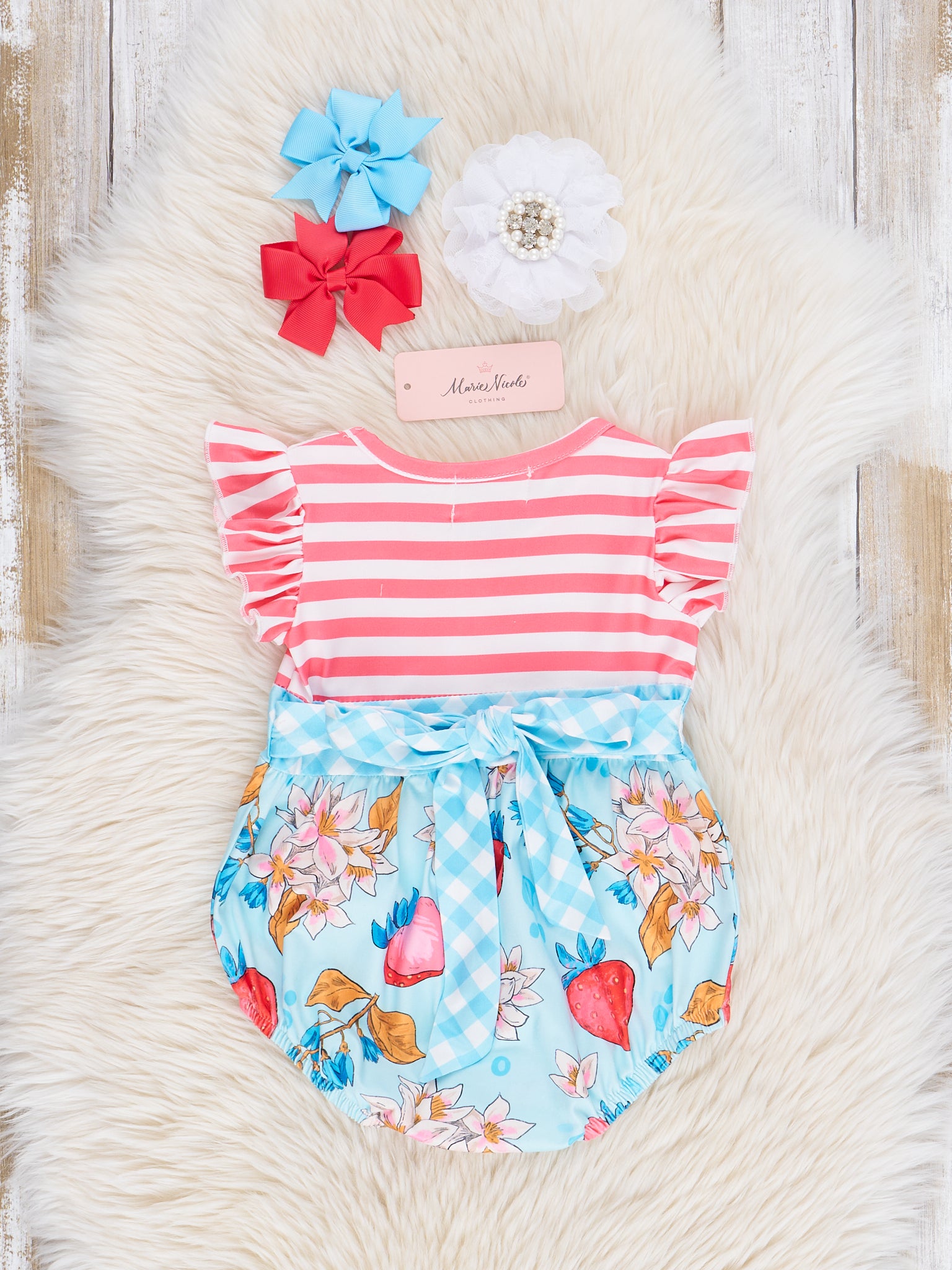 Red Stripes & Strawberries Ruffle Bubble Romper - Marie Nicole Clothing