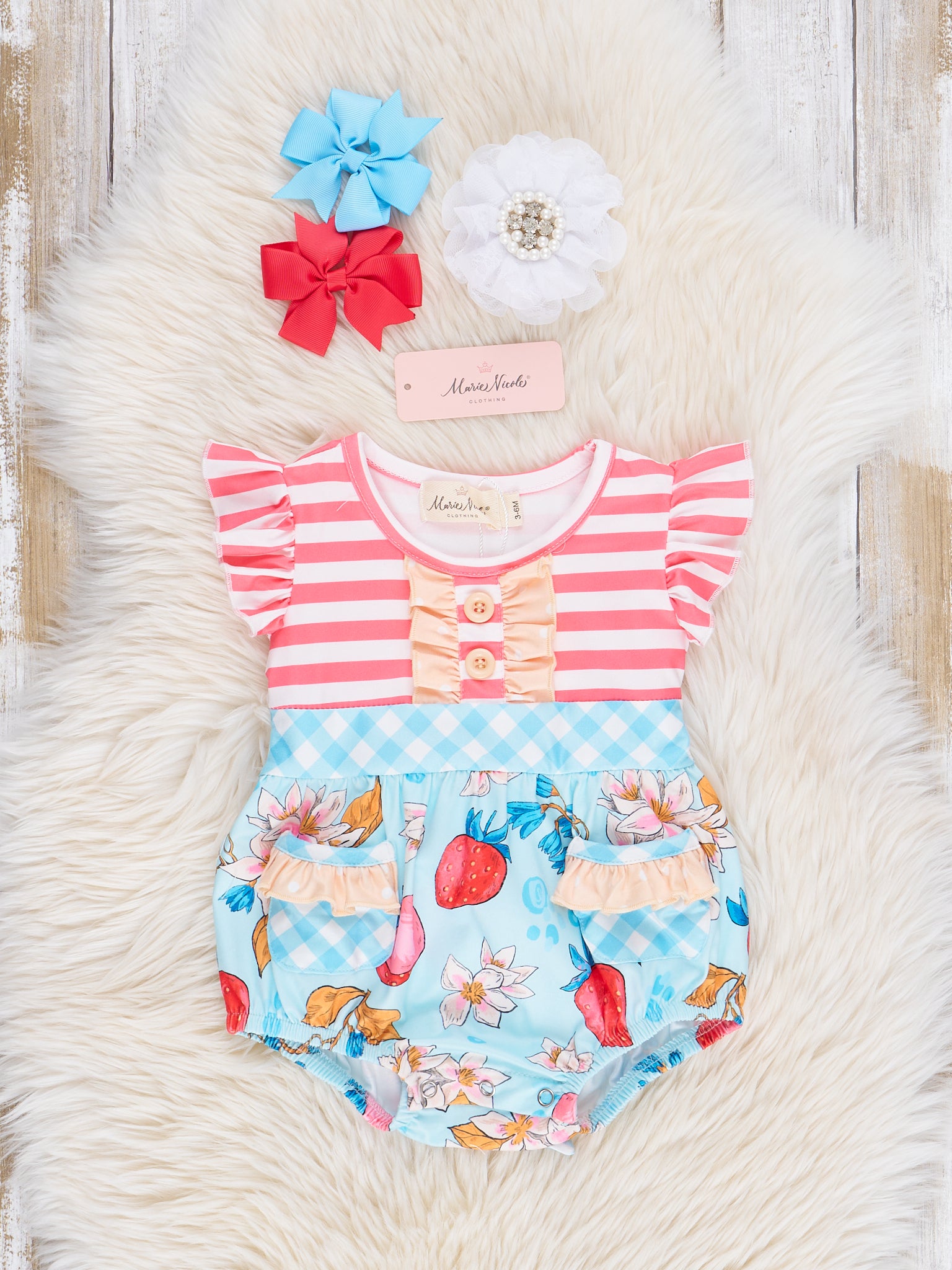Red Stripes & Strawberries Ruffle Bubble Romper - Marie Nicole Clothing