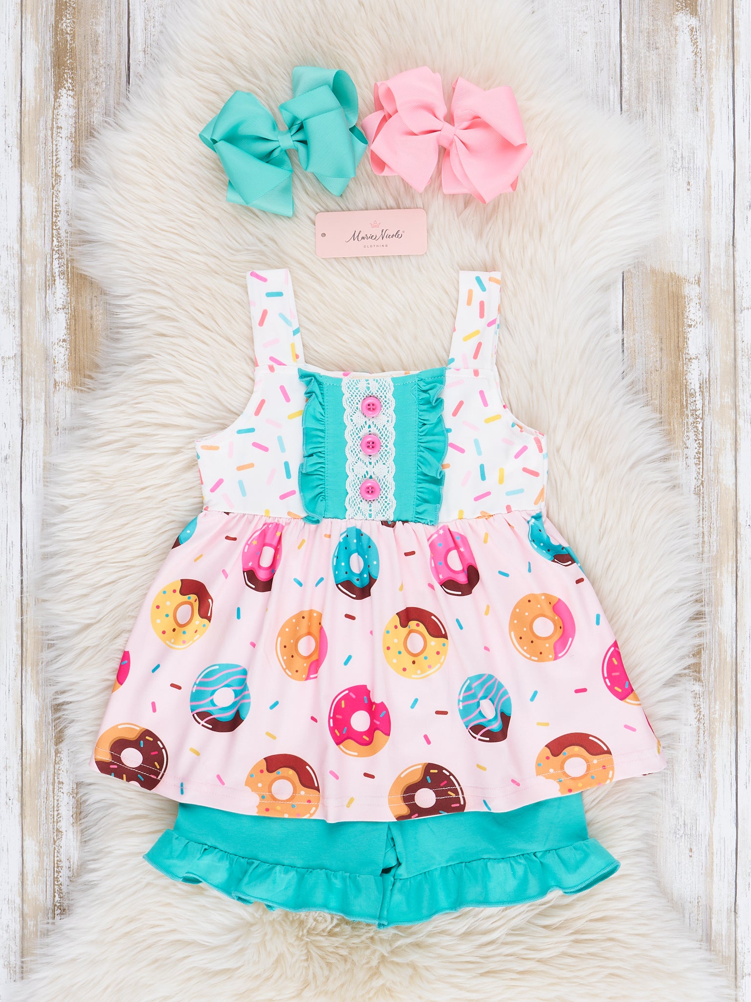 Pink & Turquoise Sprinkle Donuts Ruffle Outfit - Marie Nicole Clothing