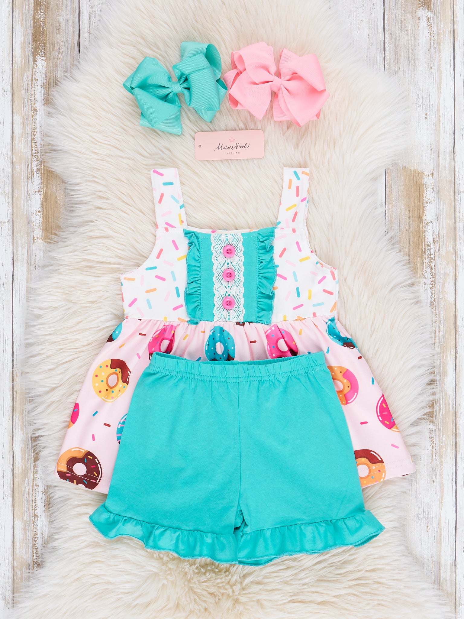 Pink & Turquoise Sprinkle Donuts Ruffle Outfit - Marie Nicole Clothing