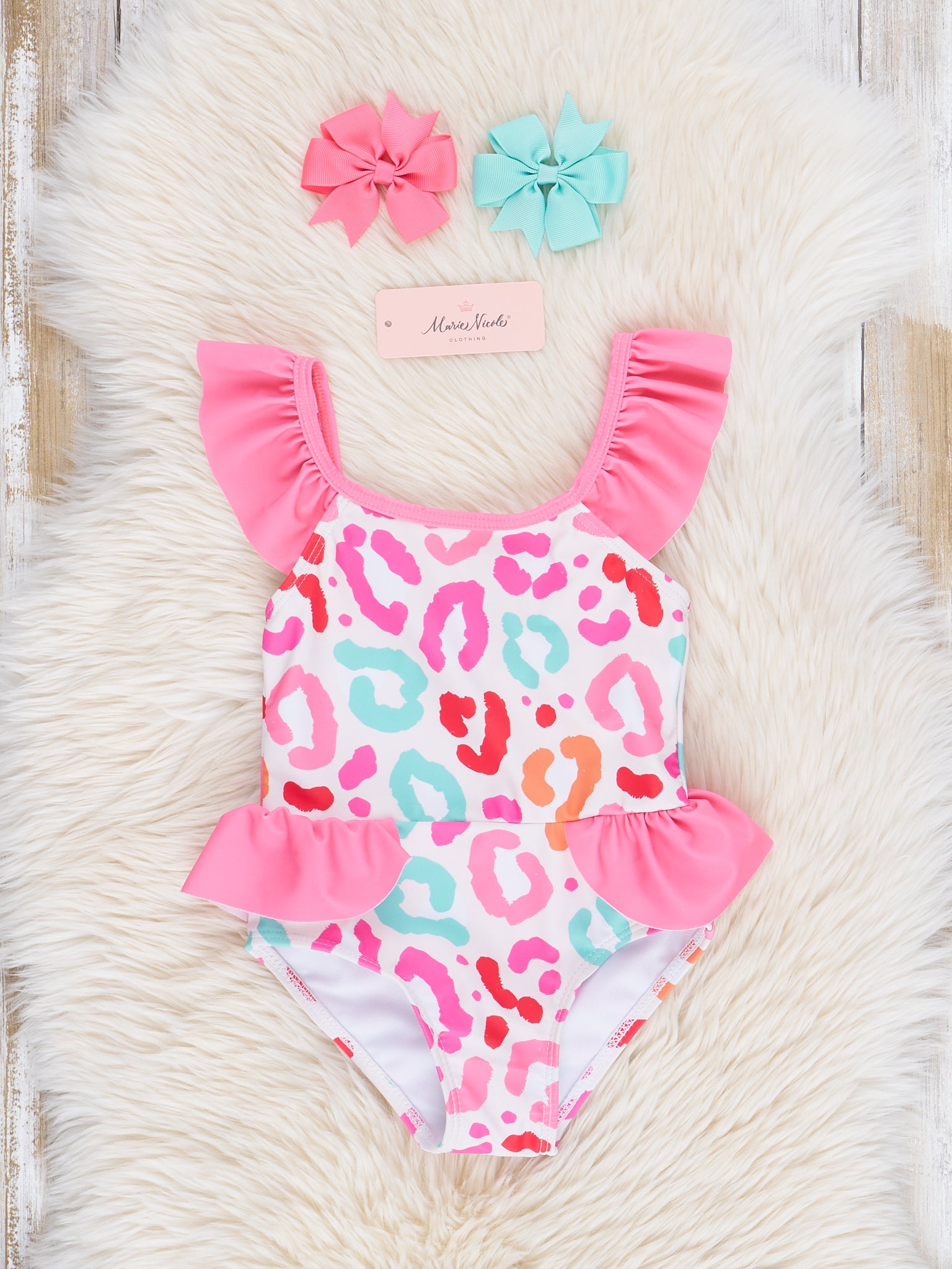 Coral Leopard Ruffle Swimsuit - Marie Nicole Clothing